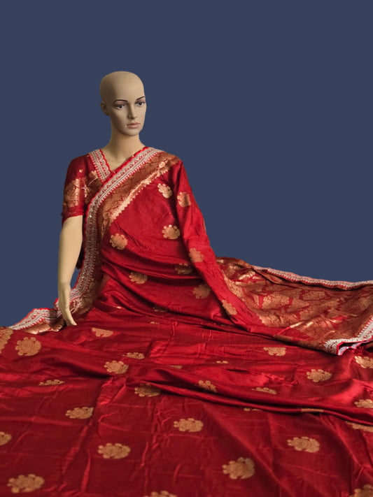 Premium Russian Cotton Silk Weaving Saree Scalloped Embroidery Border -Red– Buy from USA