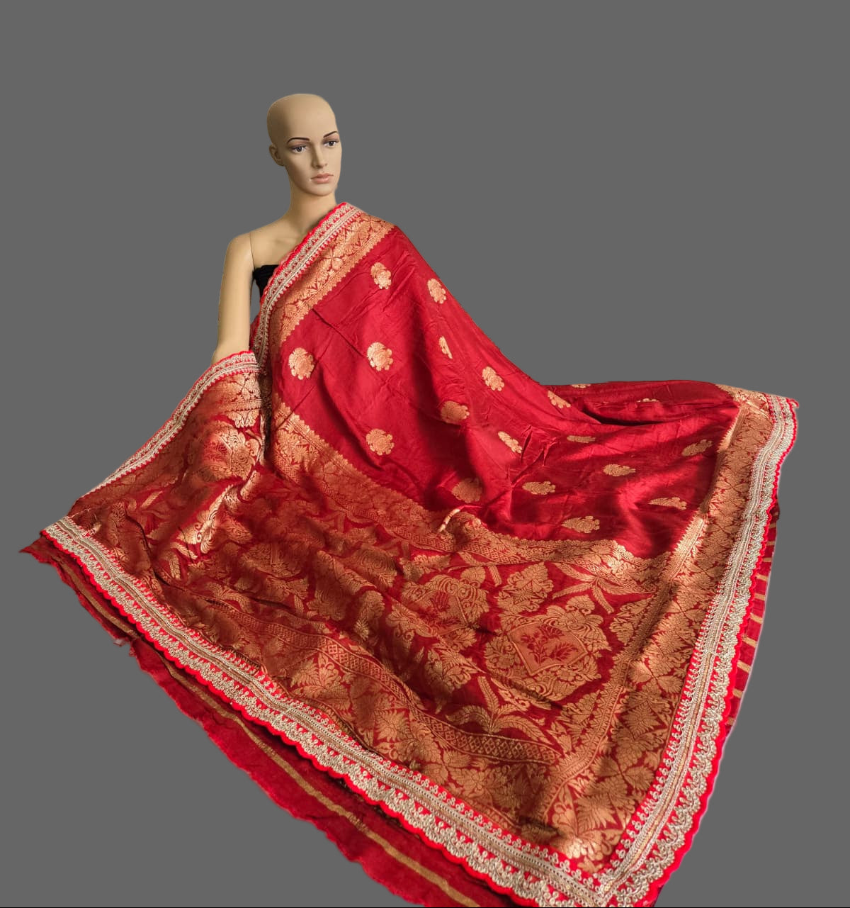 Premium Russian Cotton Silk Weaving Saree Scalloped Embroidery Border -Red– Buy from USA