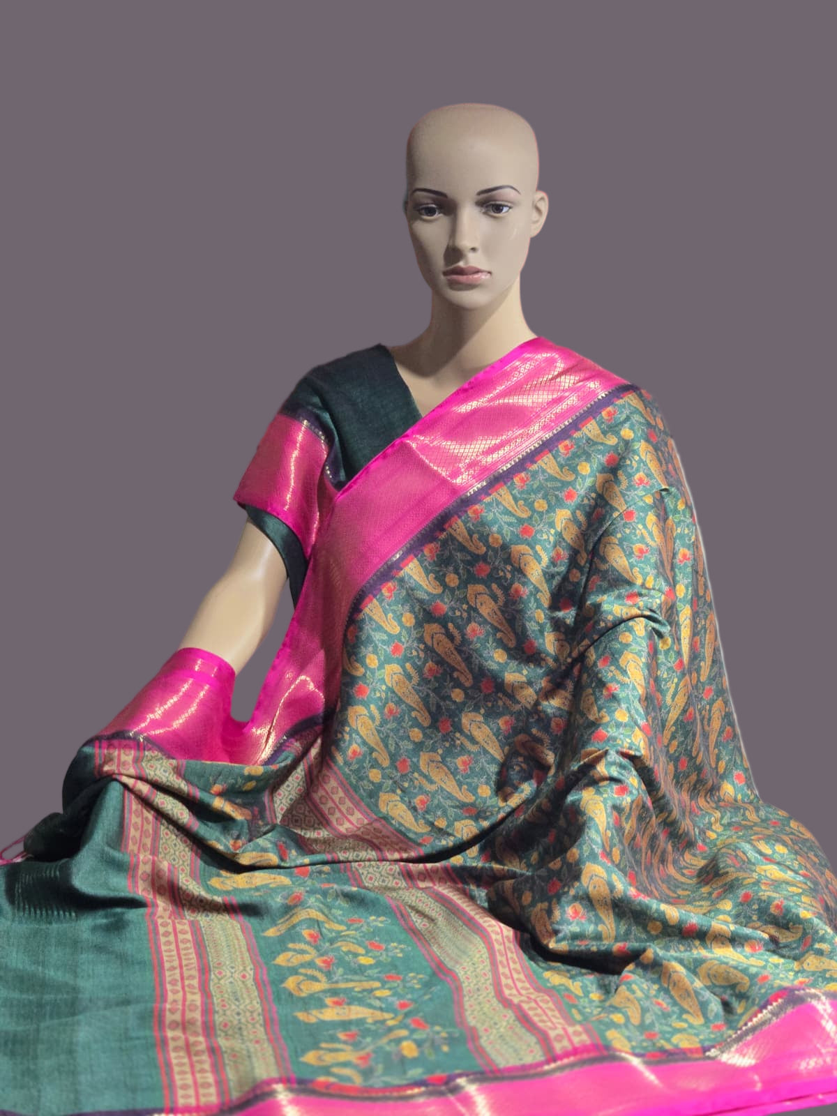 Semi Kanchipuram Silk Saree with Allover Digital Prints & Zari Border | Elegant Soft Silk Saree for Weddings & Special Occasions