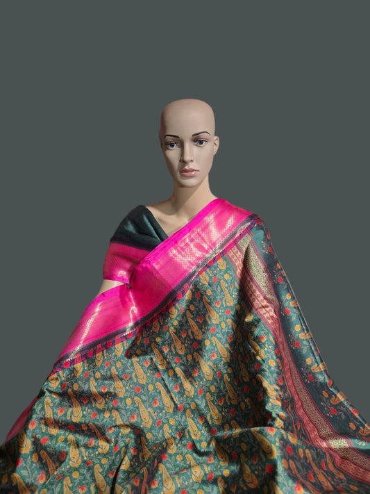 Semi Kanchipuram Silk Saree with Allover Digital Prints & Zari Border | Elegant Soft Silk Saree for Weddings & Special Occasions