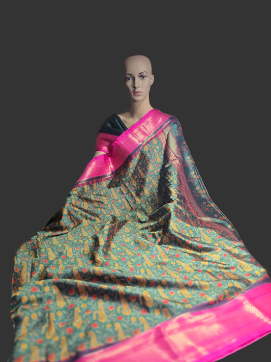 Semi Kanchipuram Silk Saree with Allover Digital Prints & Zari Border | Elegant Soft Silk Saree for Weddings & Special Occasions