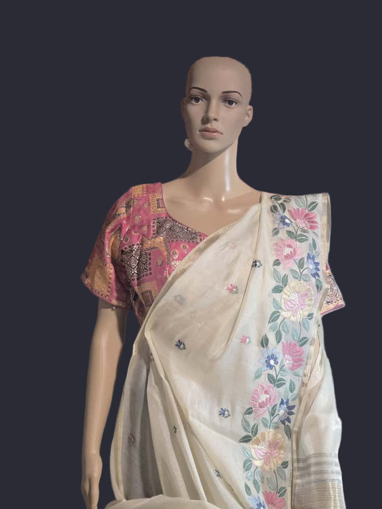 Chanderi Organza Floral Embroidery blended Silk Saree with Multicolor Stitched Blouse– Lightweight Festive Wear from USA