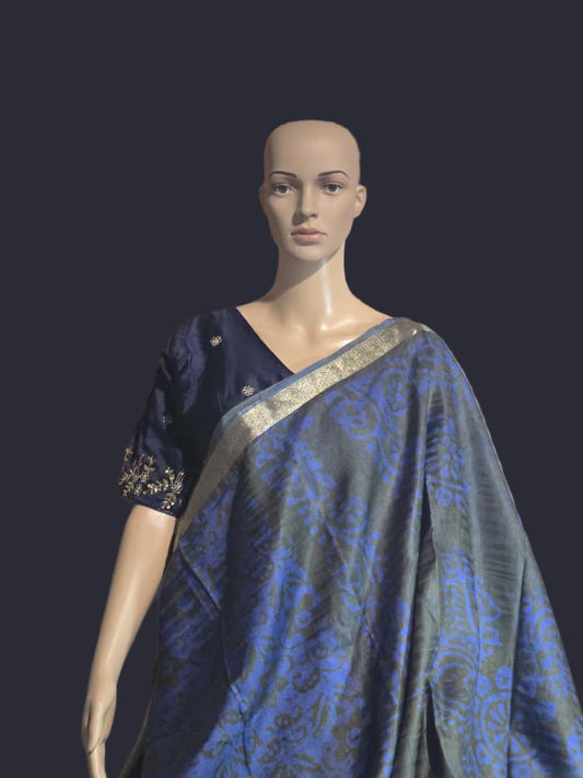 Greyish Green and Blue Semi Kanjeevaram Silk Saree with Stitched Blouse Allover Batik Prints | Elegant Soft Silk Saree for Special Occasions