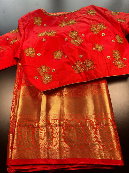 Premium Kanjivaram Silk Saree with Maggam Work Blouse | Ready-to-Wear Orange Wedding Saree | USA Shipping