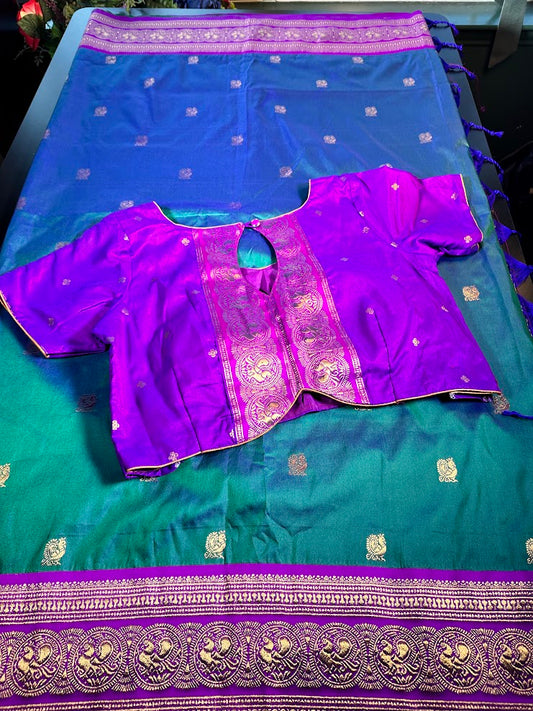 Kanchi Pattu Saree with Butties & Grand Benarasi Border + Stitched Blouse | Ready to wear Saree Blouse USA