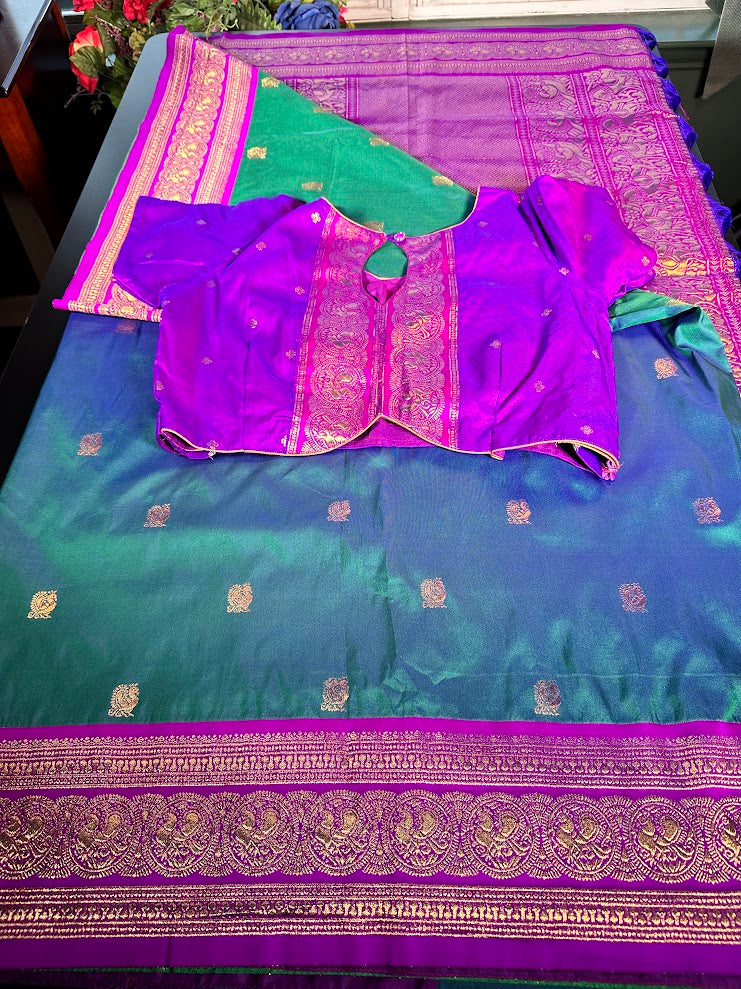 Kanchi Pattu Saree with Butties & Grand Benarasi Border + Stitched Blouse | Ready to wear Saree Blouse USA