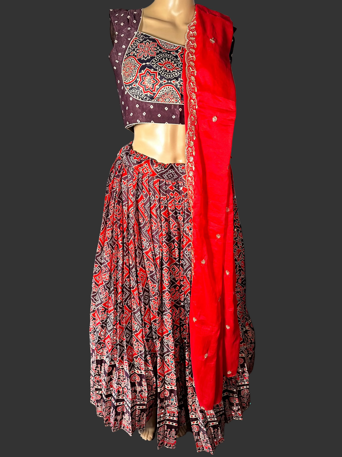 Patola Print Ajrakh Modal Silk Mirror Work Lehenga with Stitched Blouse | Designer Mirror Work Lehenga Choli | Ethnic Wedding, Festive & Party Wear | Ships from USA