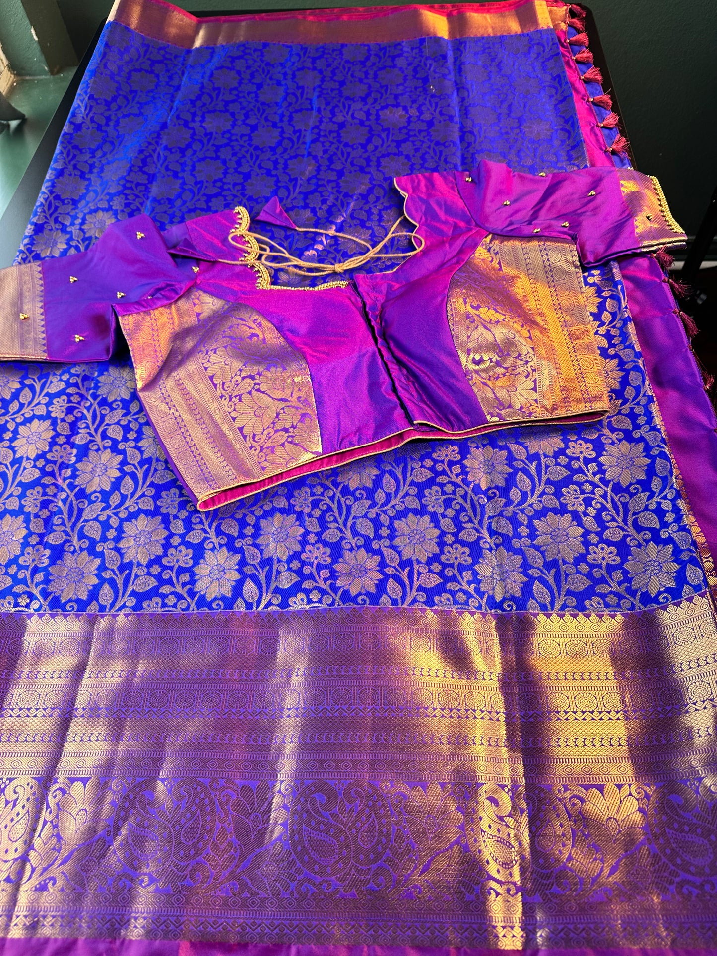 Premium Kanjivaram Semi Silk Saree Kanchipattu Saree with Stitched Maggam Work Blouse – Blue Wedding & Party Wear Saree | Shipping from USA