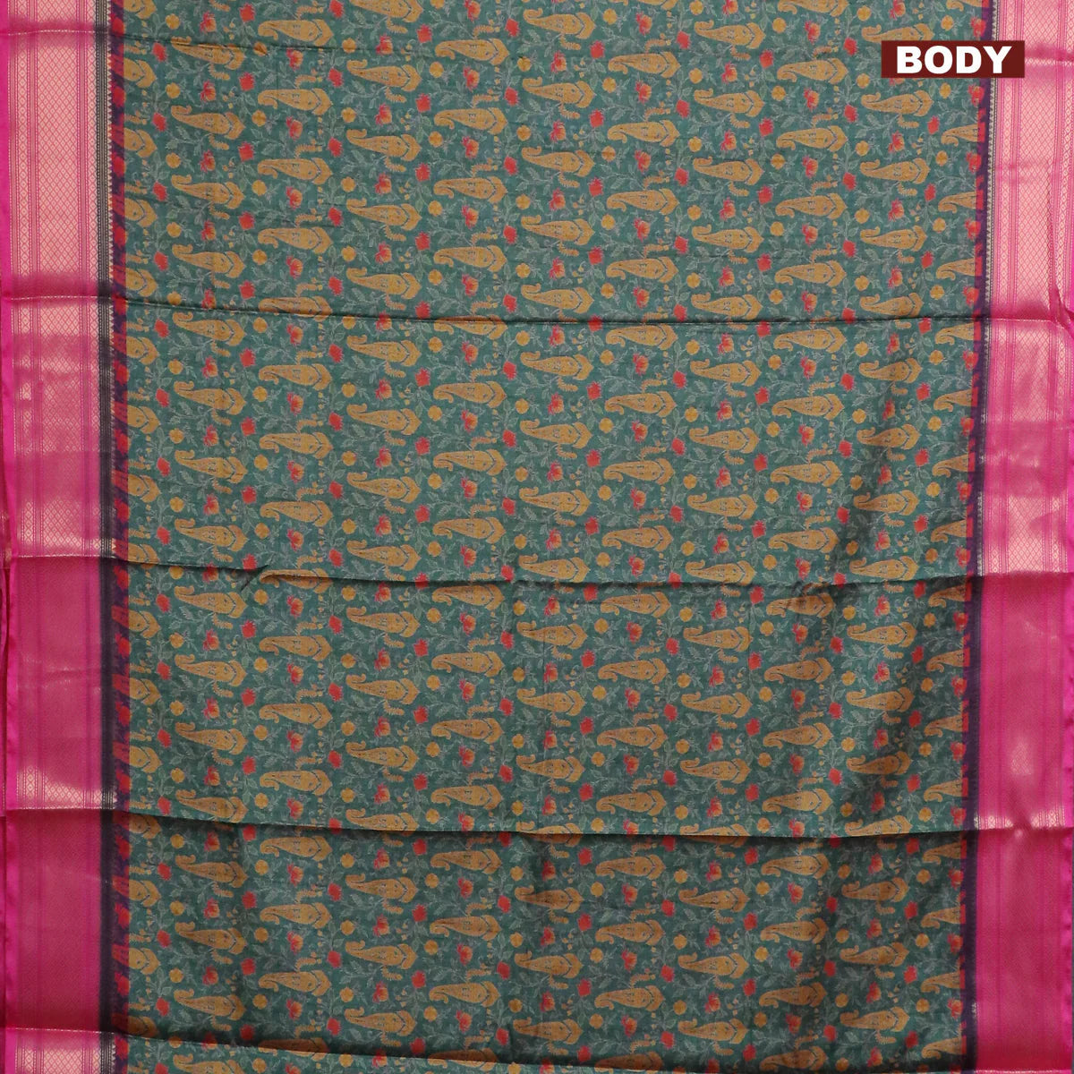 Green and Pink Semi Kanchipuram Silk Saree with Allover Digital Prints & Zari Border | Elegant Soft Silk Saree for Weddings & Special Occasions