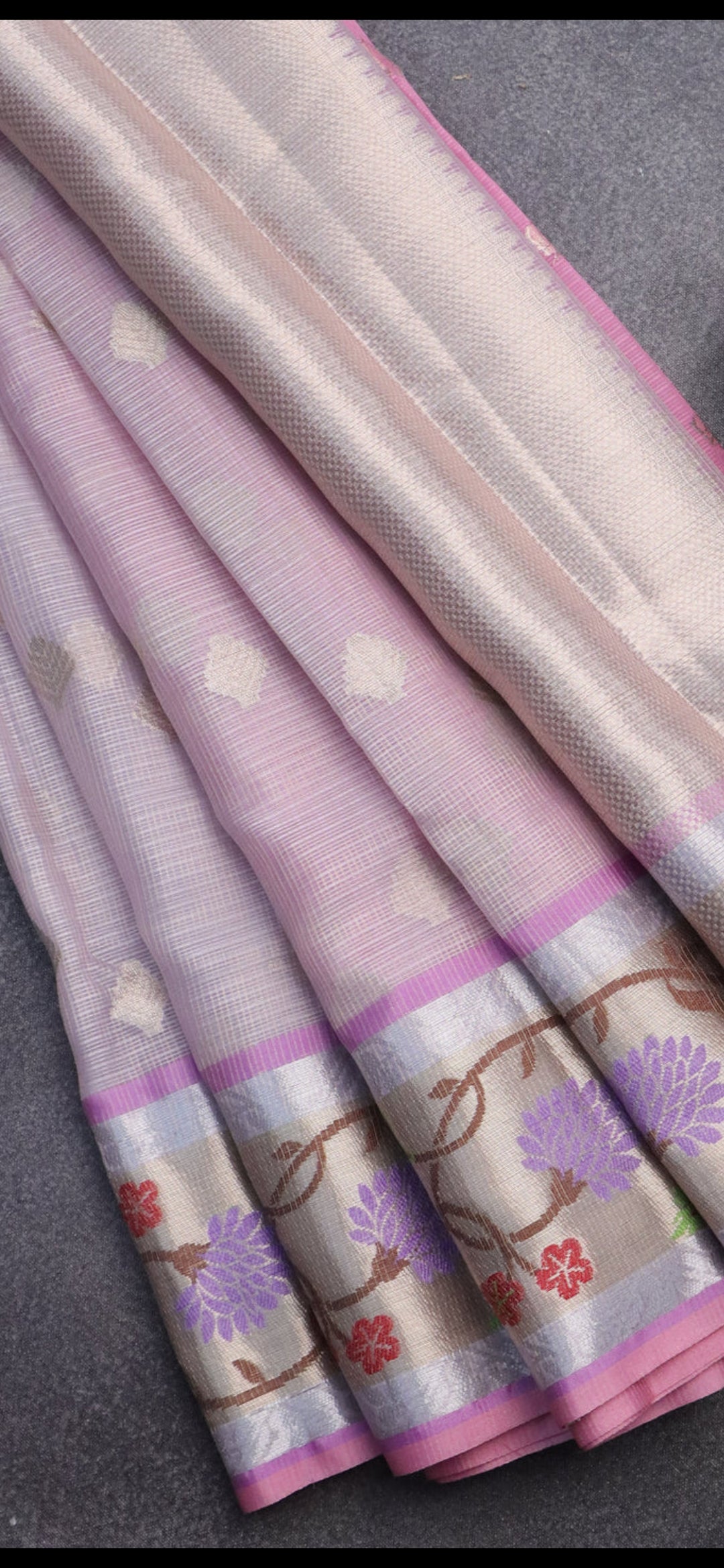 Mild lavender and baby pink cotton zari Kota saree with allover zari-woven buttas and a Paithani-style zari border. Shop elegant soft silk sarees for every occasion!