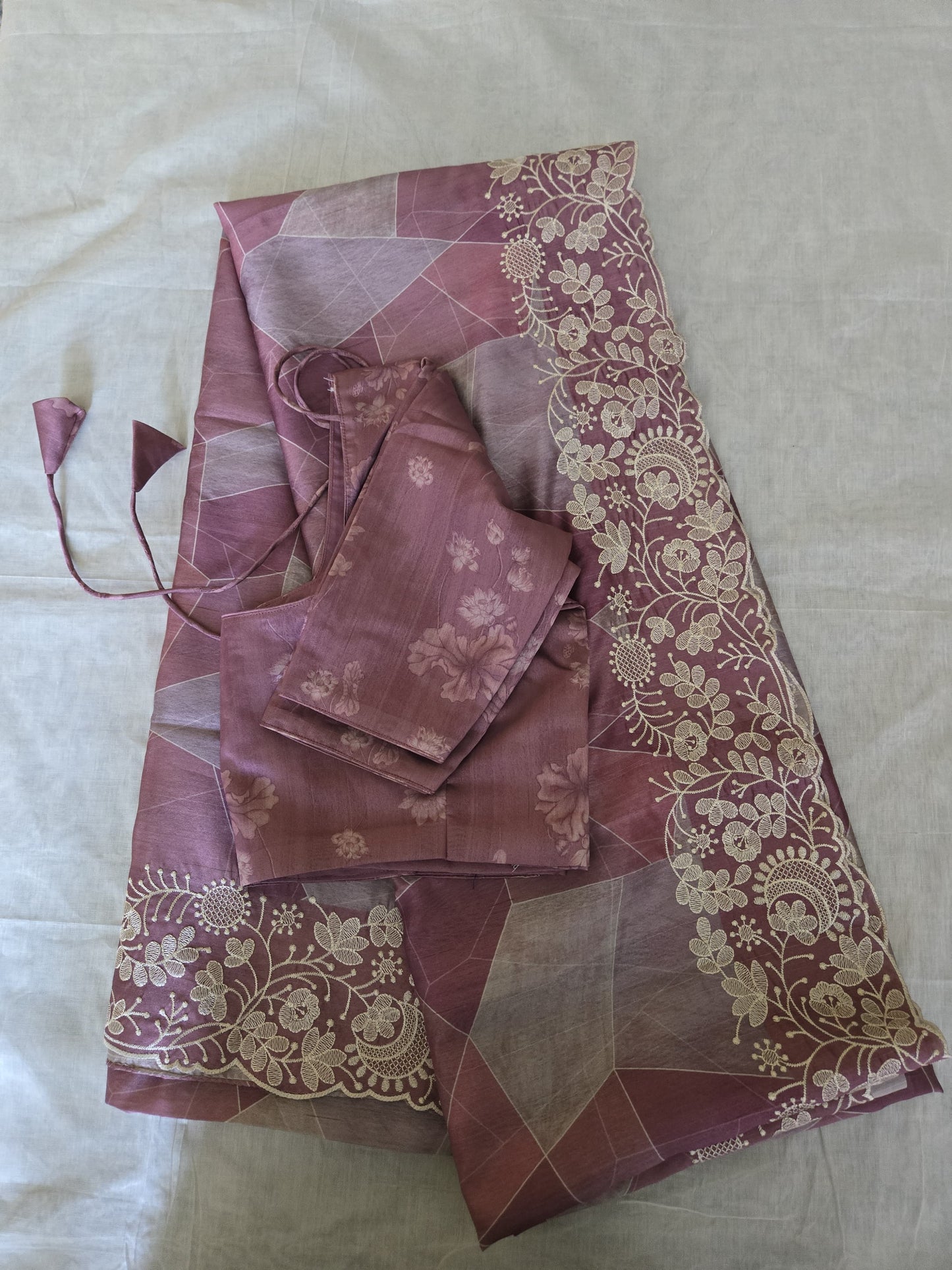 Pastel Peach Semi Tussar Silk Saree with Stitched Blouse Chikankari Embroidered Border – Elegant Ethnic Indian Saree