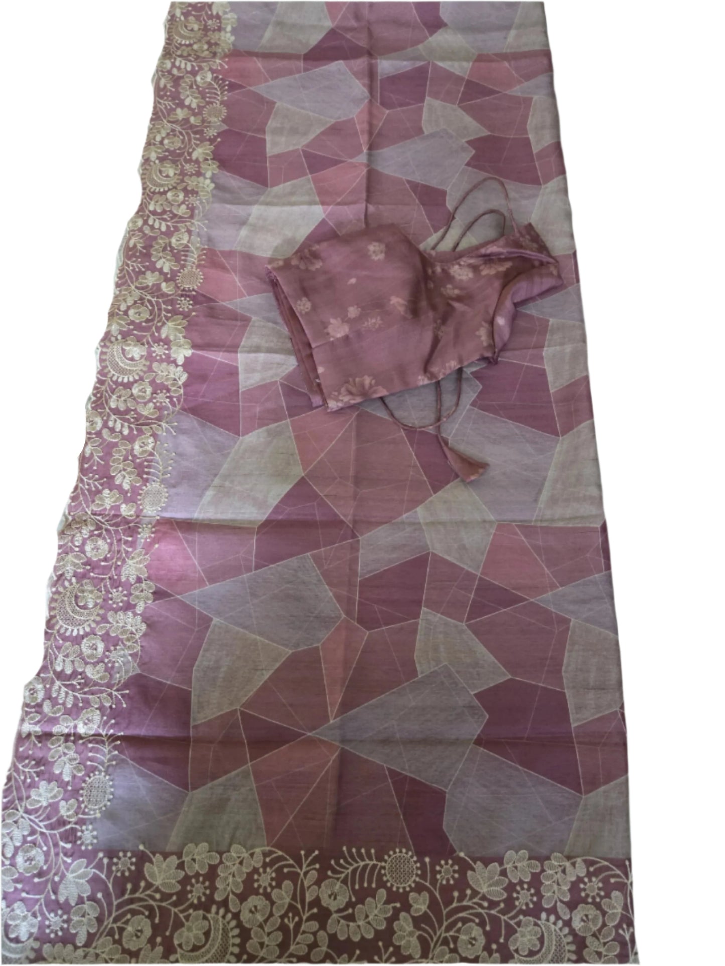 Pastel Peach Semi Tussar Silk Saree with Stitched Blouse Chikankari Embroidered Border – Elegant Ethnic Indian Saree