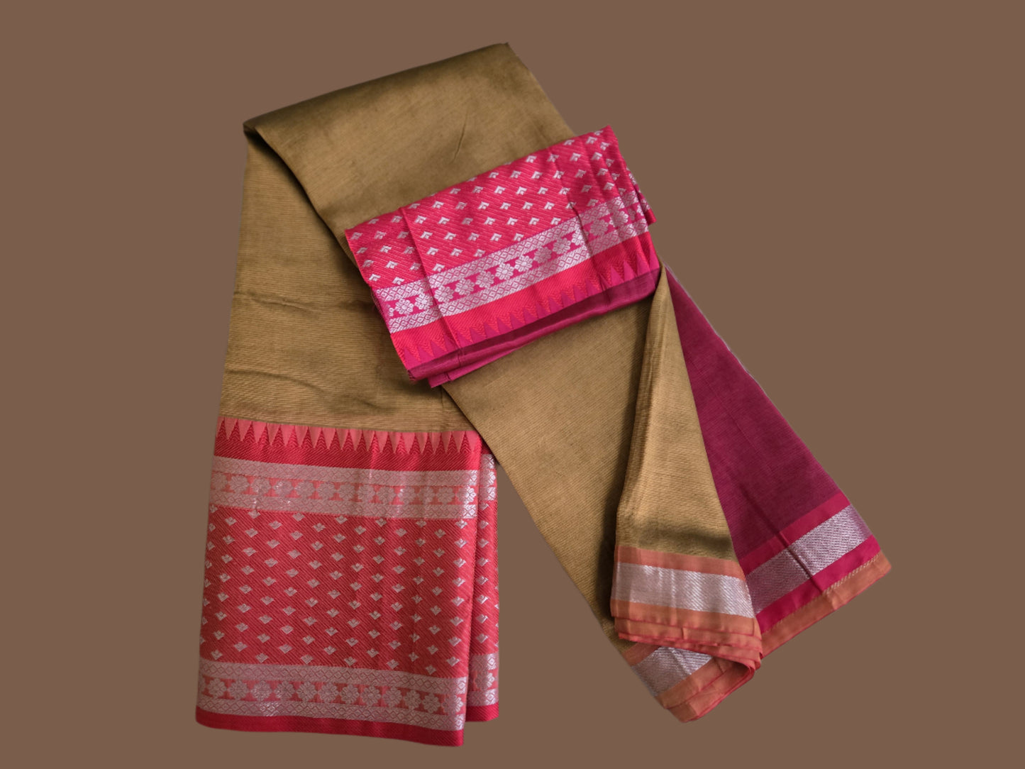 Brown and Dark Pink Semi Mangalgiri Silk Saree with Long Silver Zari Temple Border | Elegant Soft Silk Saree – Fast Shipping from the USA