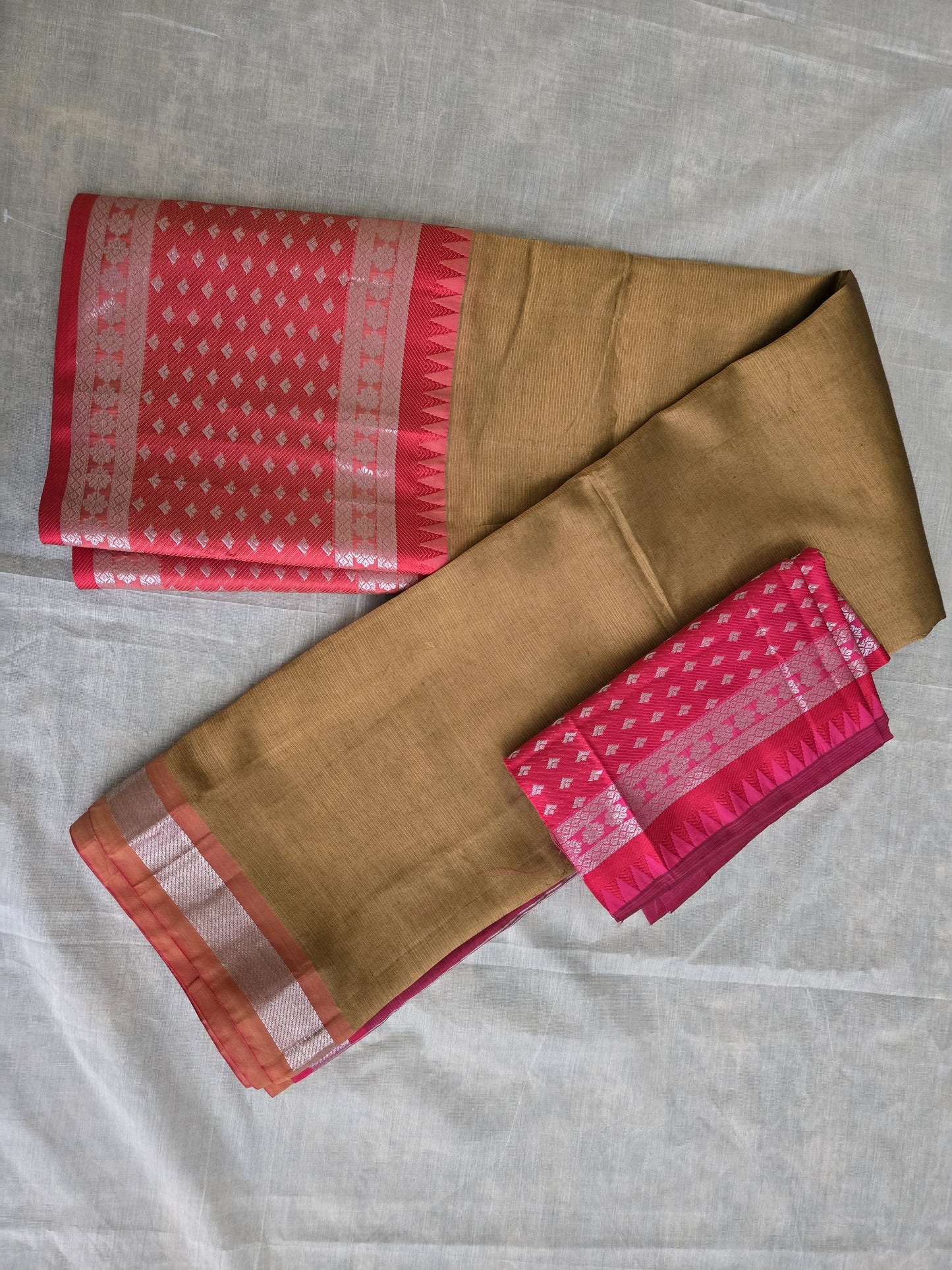 Brown and Dark Pink Semi Mangalgiri Silk Saree with Long Silver Zari Temple Border | Elegant Soft Silk Saree – Fast Shipping from the USA