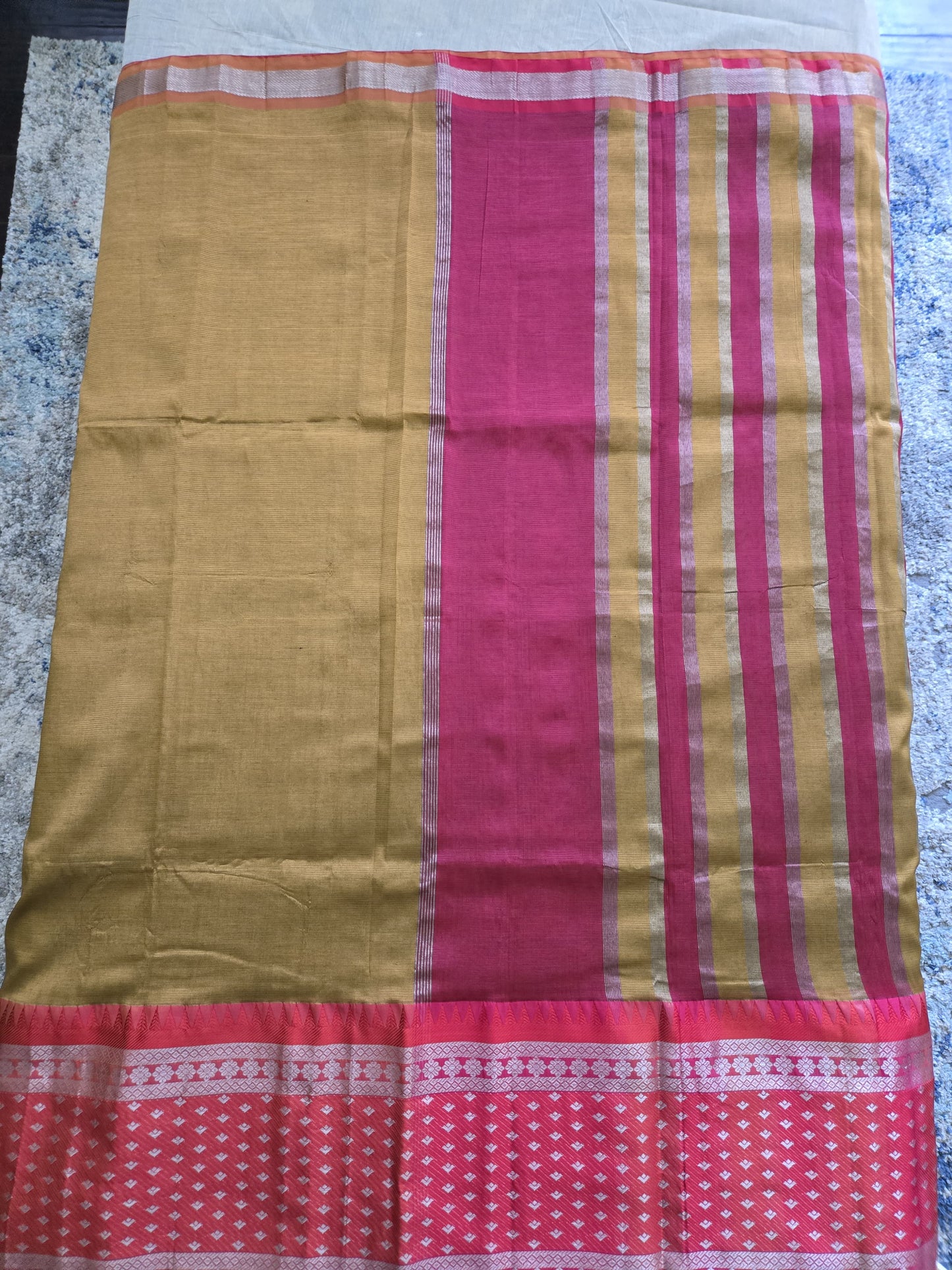 Brown and Dark Pink Semi Mangalgiri Silk Saree with Long Silver Zari Temple Border | Elegant Soft Silk Saree – Fast Shipping from the USA