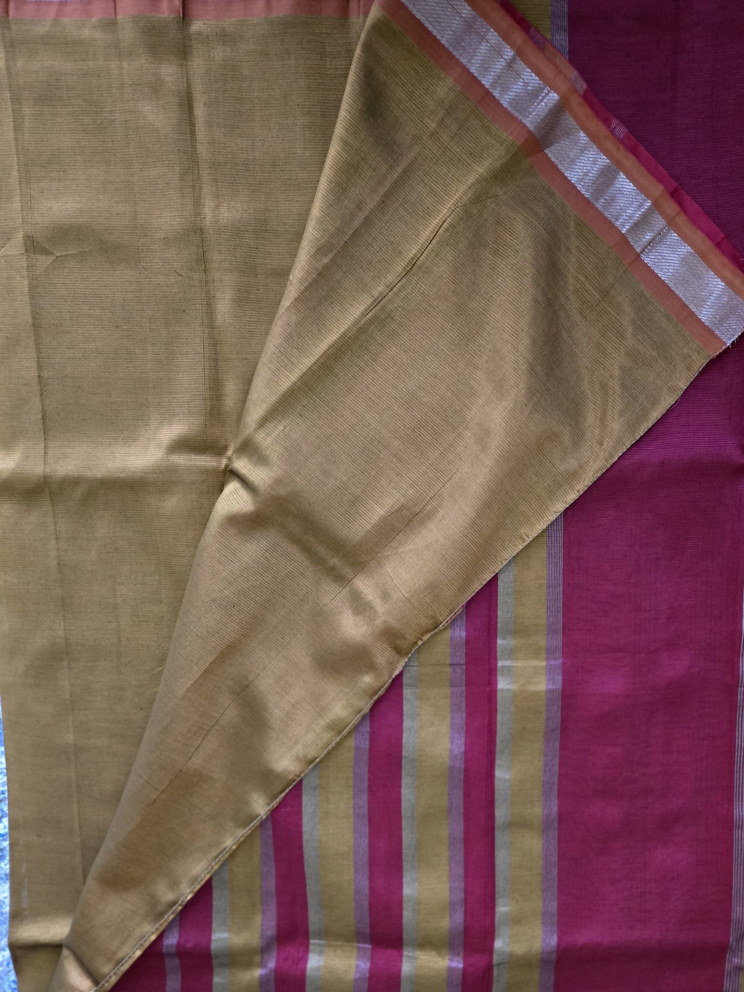 Brown and Dark Pink Semi Mangalgiri Silk Saree with Long Silver Zari Temple Border | Elegant Soft Silk Saree – Fast Shipping from the USA