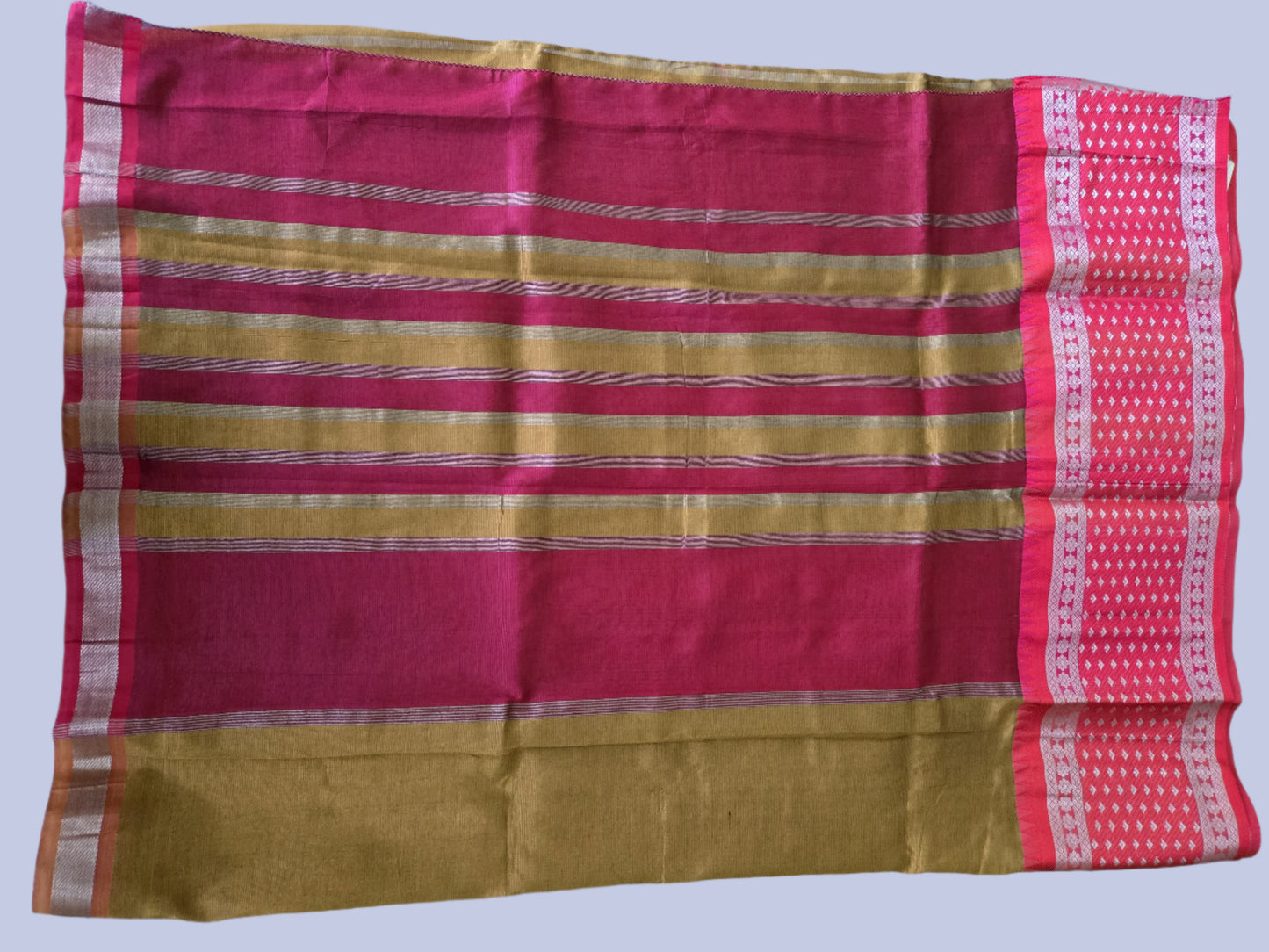 Brown and Dark Pink Semi Mangalgiri Silk Saree with Long Silver Zari Temple Border | Elegant Soft Silk Saree – Fast Shipping from the USA