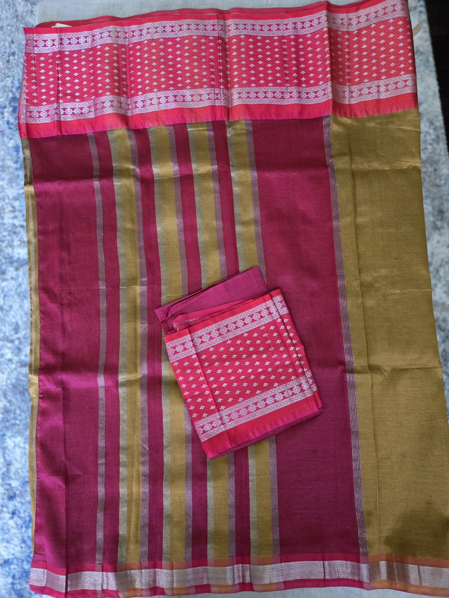 Brown and Dark Pink Semi Mangalgiri Silk Saree with Long Silver Zari Temple Border | Elegant Soft Silk Saree – Fast Shipping from the USA