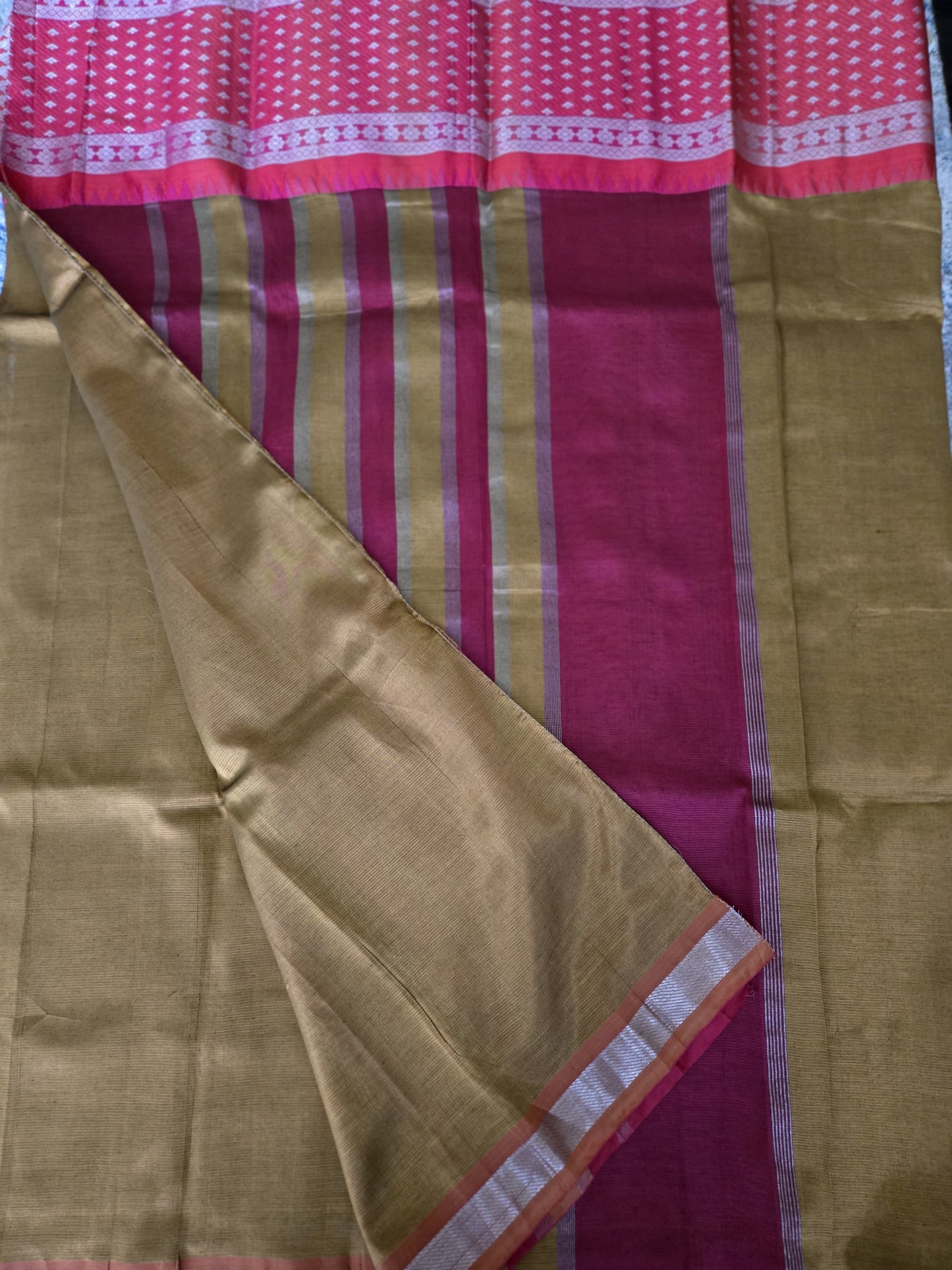 Brown and Dark Pink Semi Mangalgiri Silk Saree with Long Silver Zari Temple Border | Elegant Soft Silk Saree – Fast Shipping from the USA