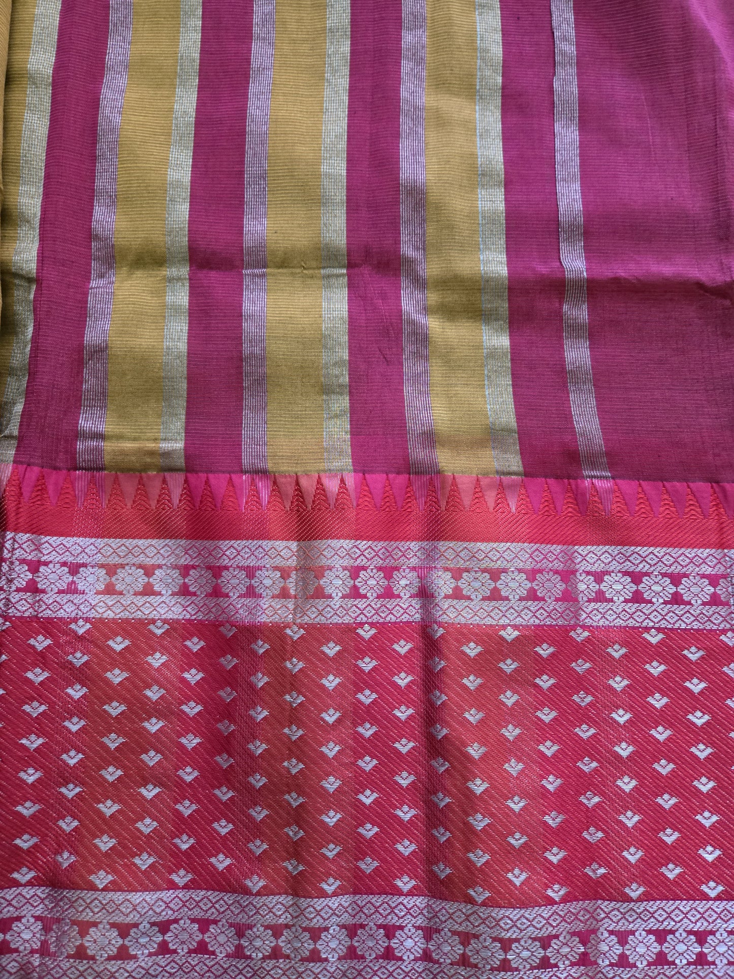 Brown and Dark Pink Semi Mangalgiri Silk Saree with Long Silver Zari Temple Border | Elegant Soft Silk Saree – Fast Shipping from the USA