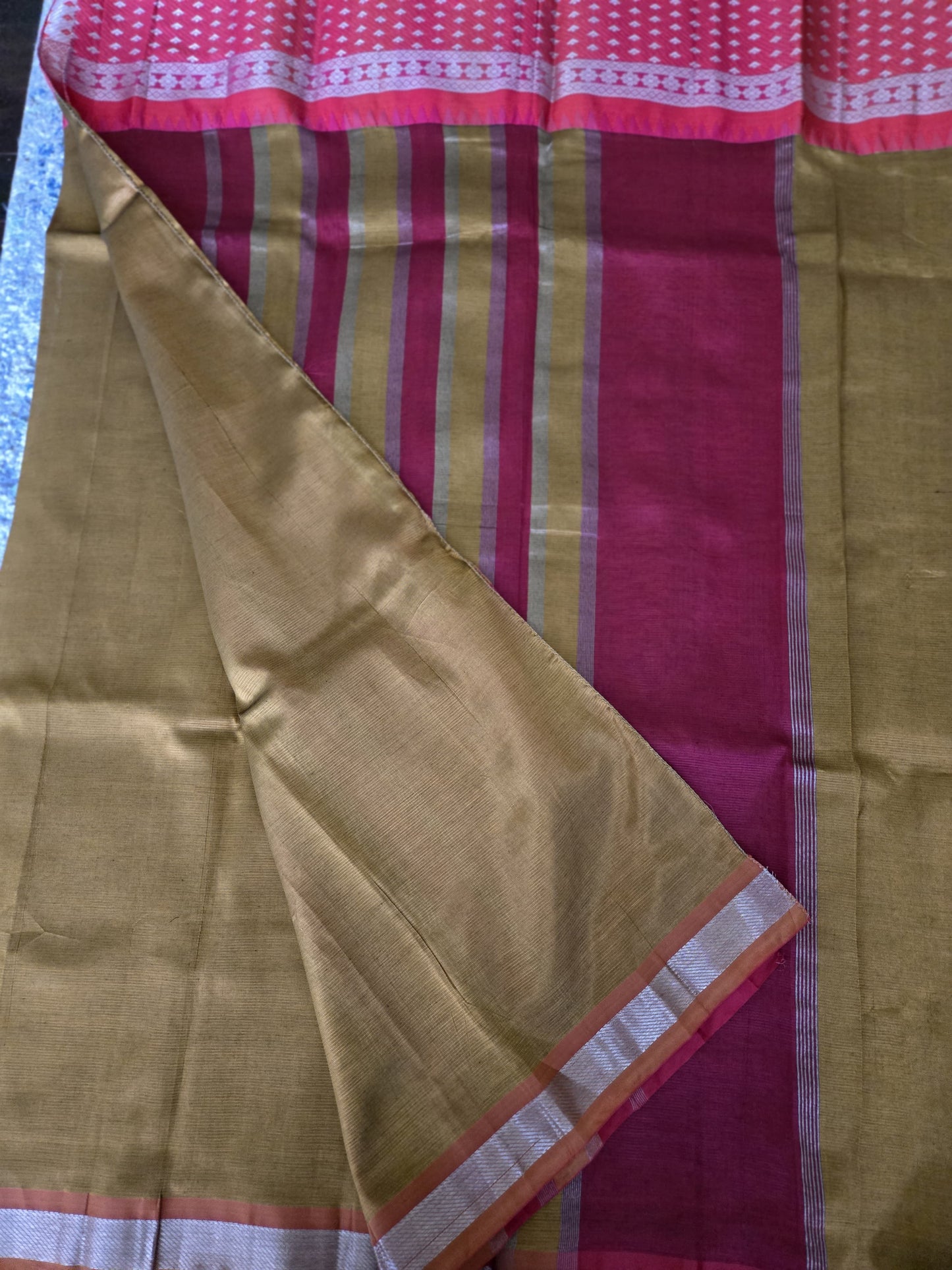 Brown and Dark Pink Semi Mangalgiri Silk Saree with Long Silver Zari Temple Border | Elegant Soft Silk Saree – Fast Shipping from the USA
