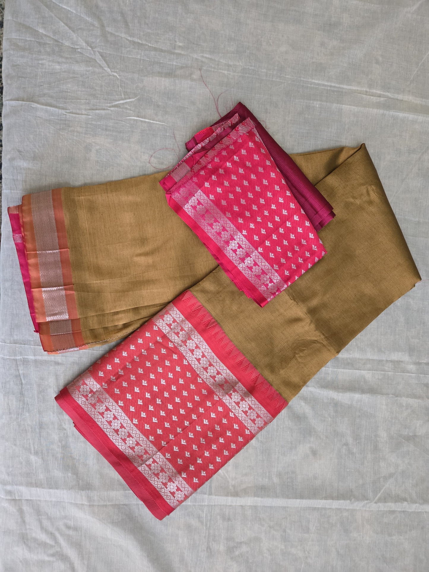 Brown and Dark Pink Semi Mangalgiri Silk Saree with Long Silver Zari Temple Border | Elegant Soft Silk Saree – Fast Shipping from the USA