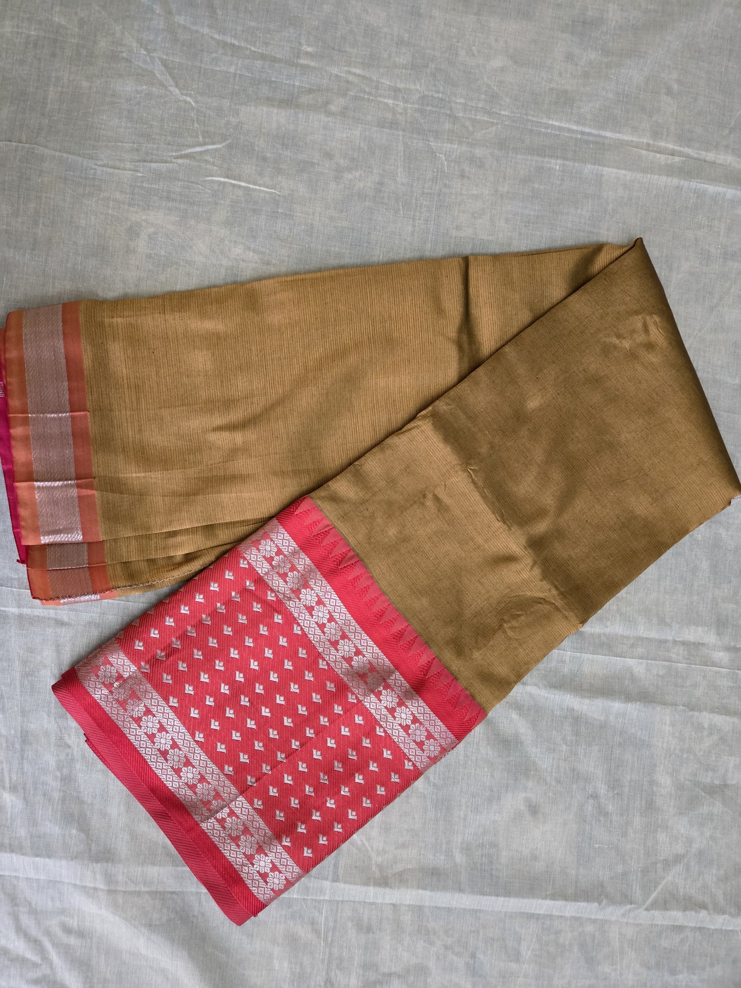 Brown and Dark Pink Semi Mangalgiri Silk Saree with Long Silver Zari Temple Border | Elegant Soft Silk Saree – Fast Shipping from the USA
