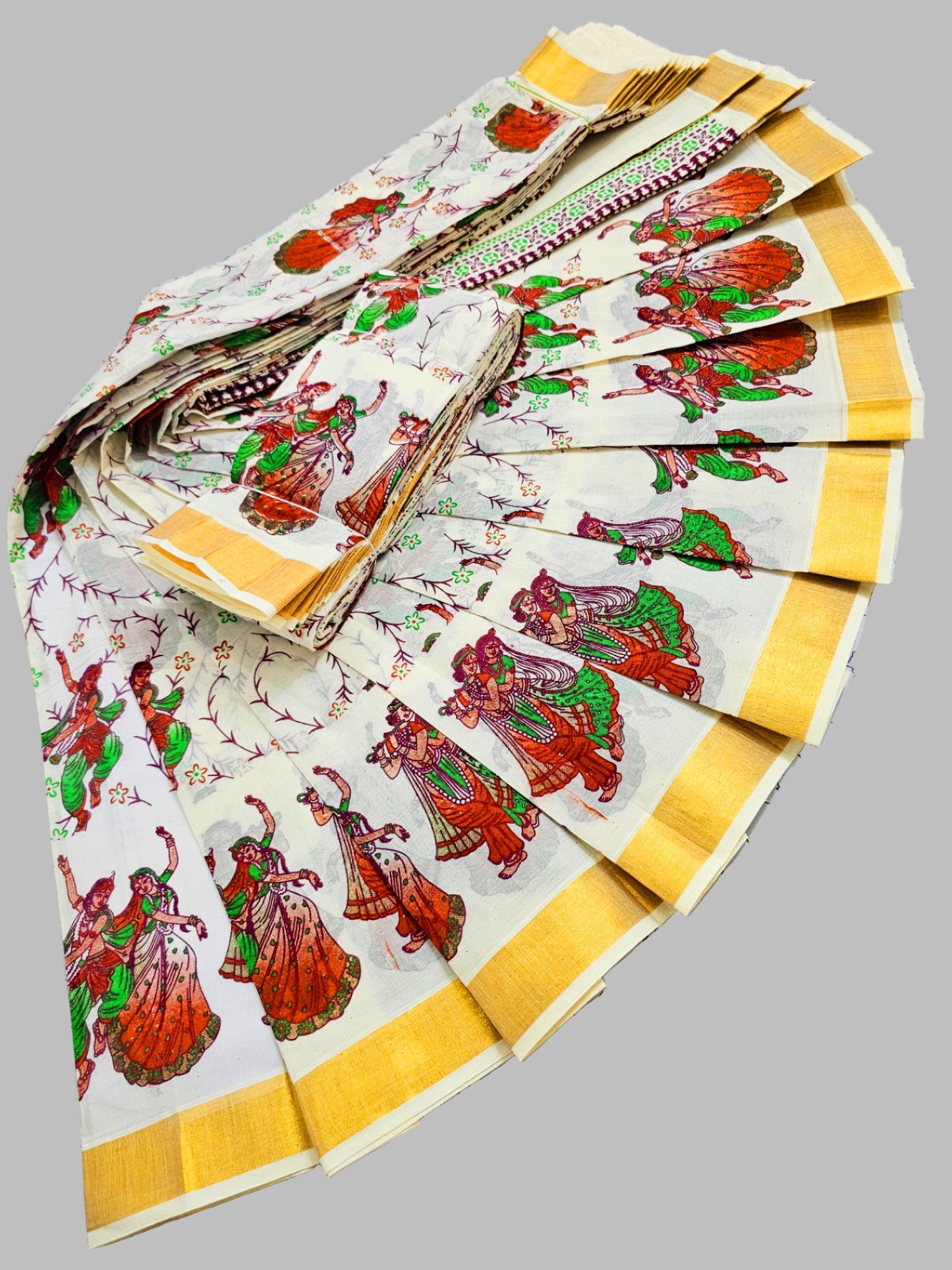 Buy Kerala Kasavu Sarees Online | Pure Cotton Sarees Buy from USA – Pure cotton saree with blouse | Radha Krishna Print