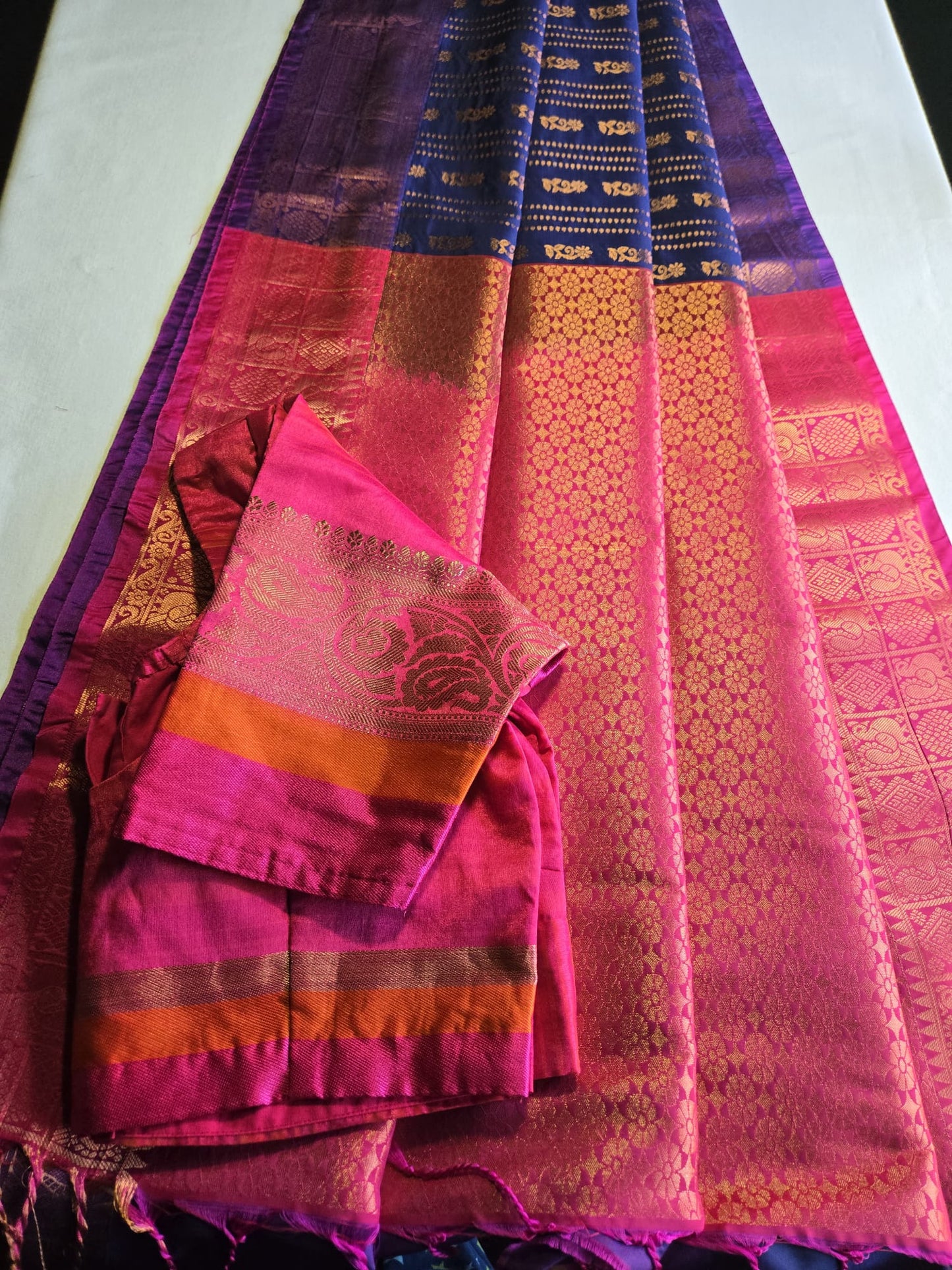 Semi Kanjeevaram Soft Silk Saree with Stitched Blouse from USA | Buttis Work & Contrast Pallu Online