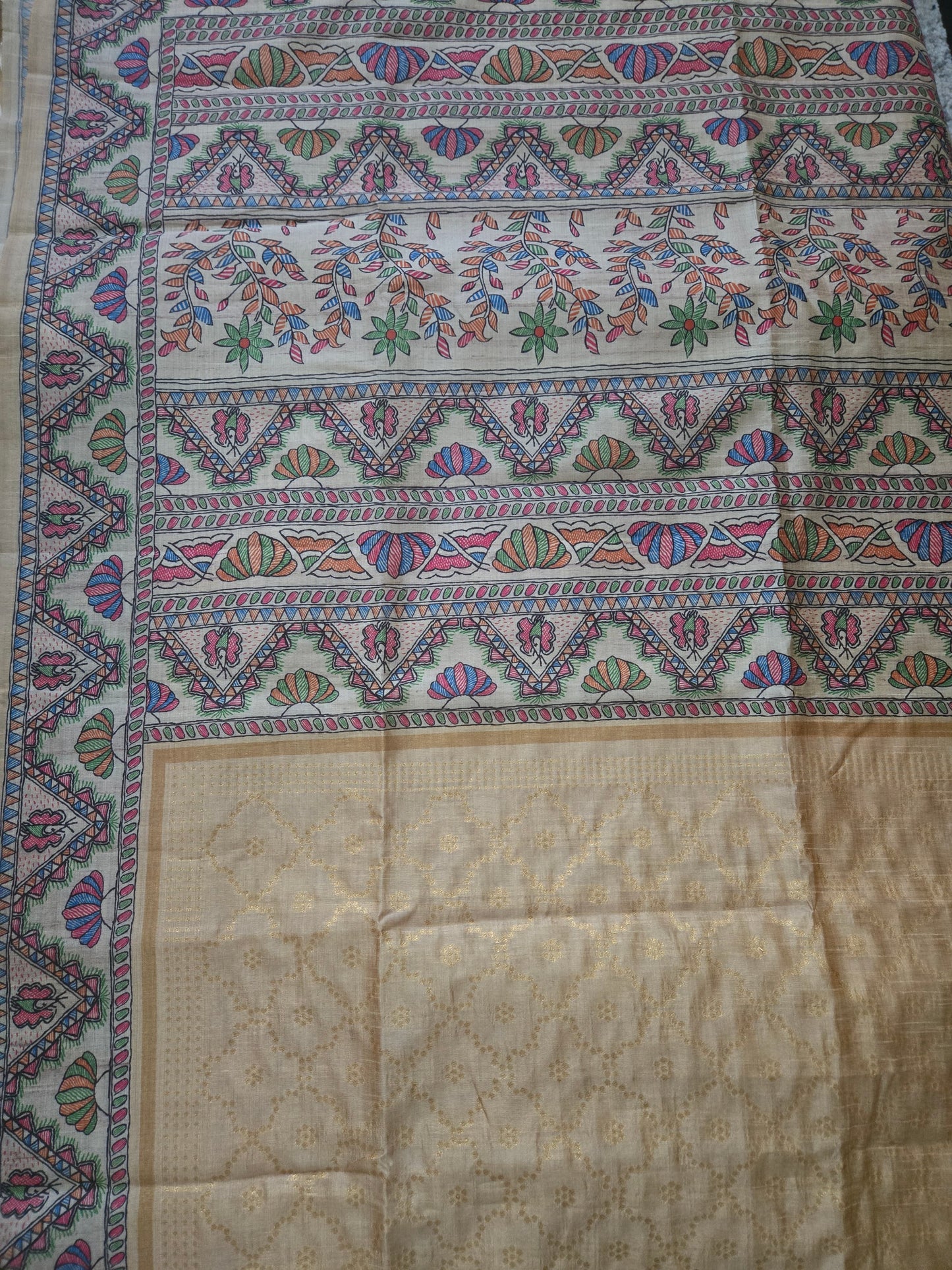 Semi Chanderi Saree in Sandal & Beige with Allover Zari Weaving and Madhubani Print Border – Handcrafted Traditional Saree for Bridal & Festive Occasions