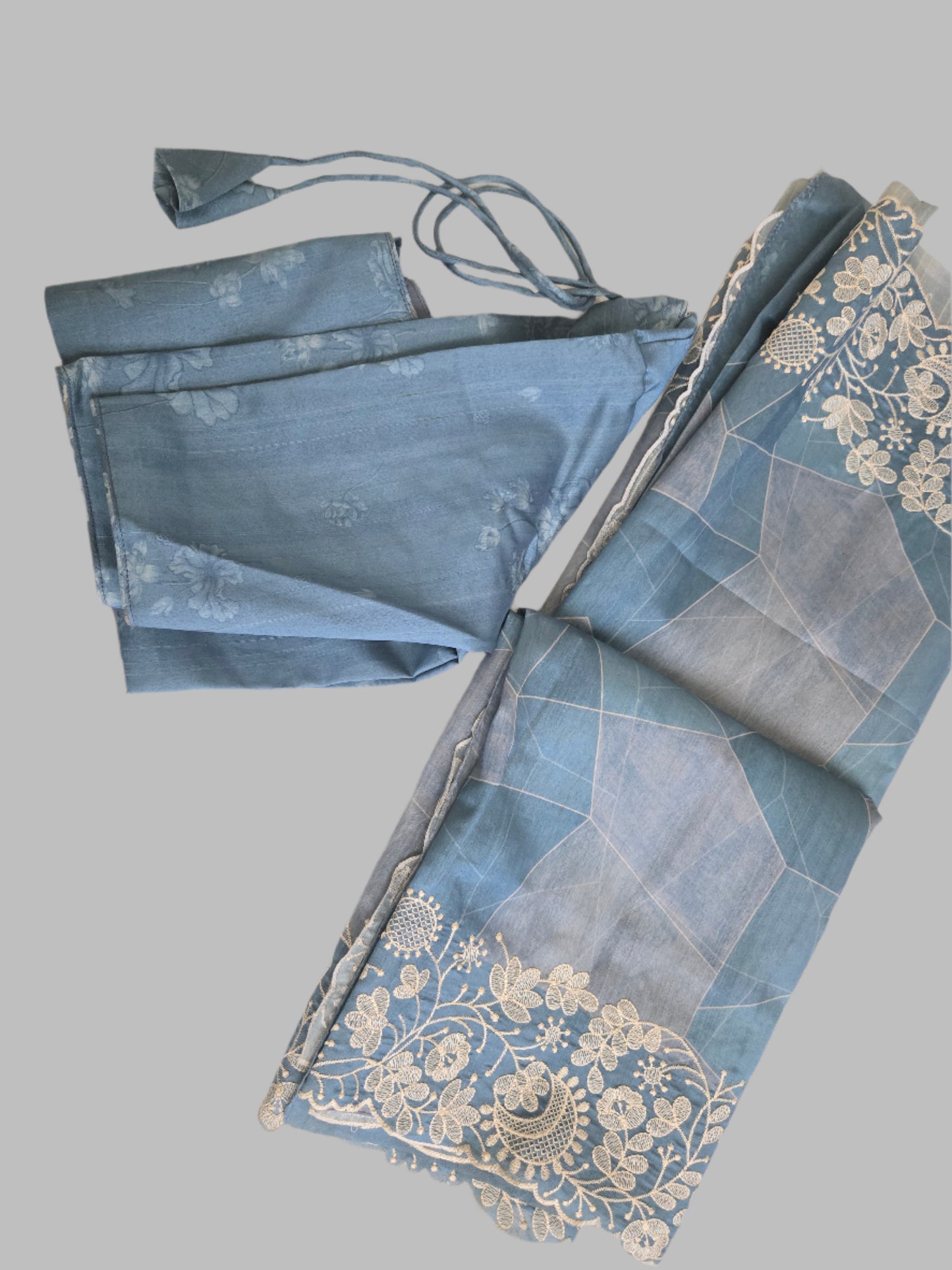 Soft Silk Semi Tussar fully stitched saree pastel blue with stitched blouse chikankari work border