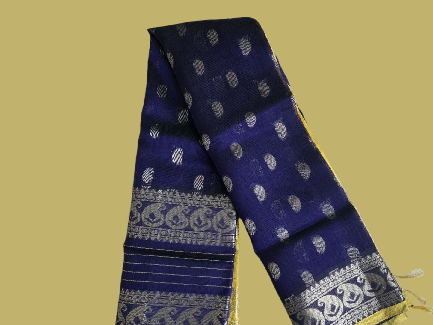Pure Handloom Saree in Blue with Silver Zari and Yellow Contrast Border – Traditional Elegance