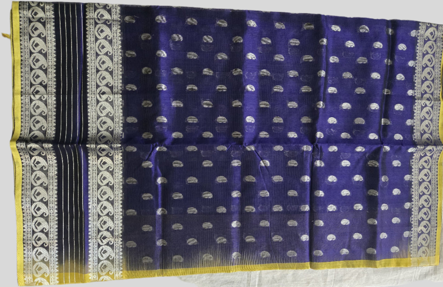 Pure Handloom Saree in Blue with Silver Zari and Yellow Contrast Border – Traditional Elegance