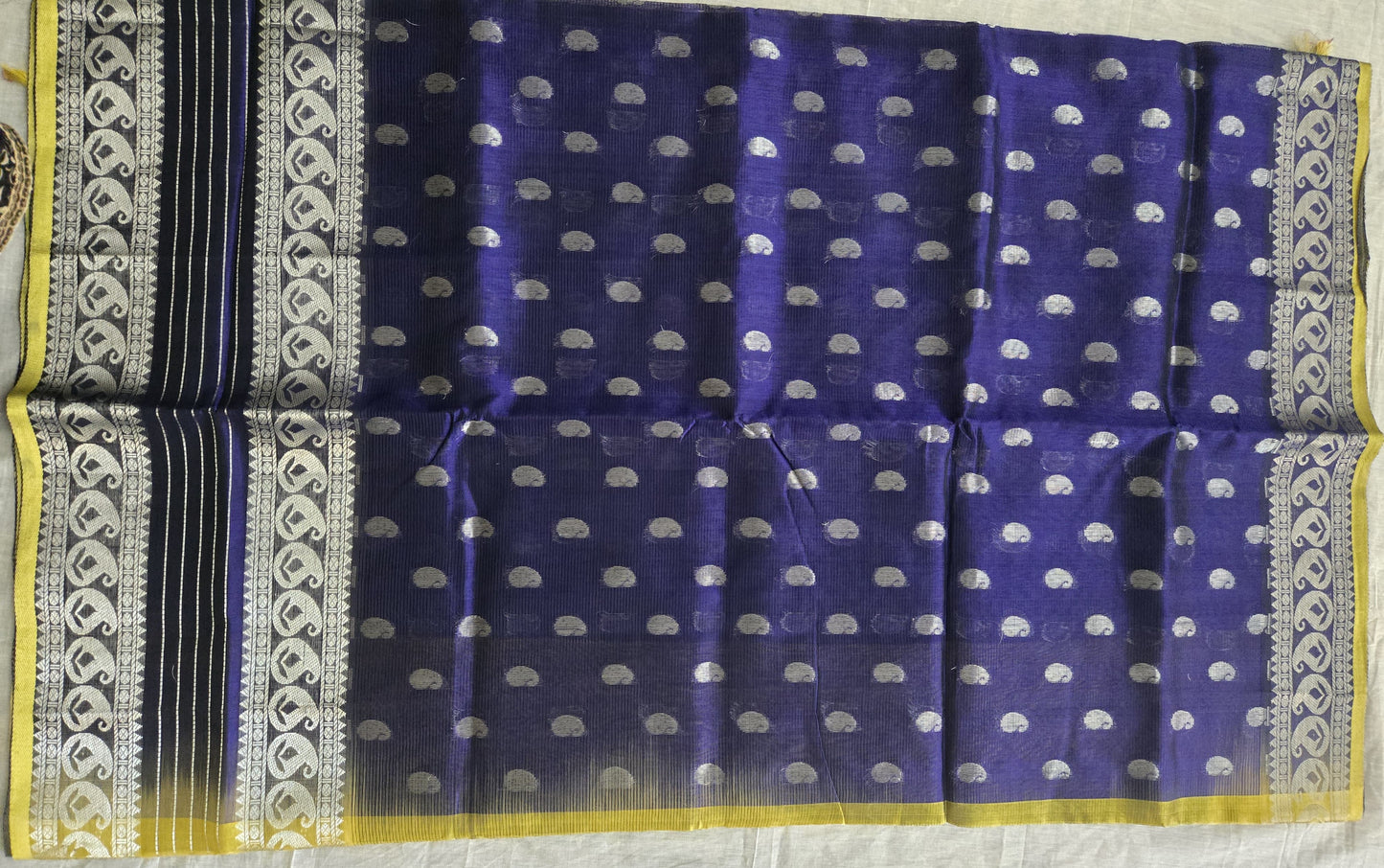 Pure Handloom Saree in Blue with Silver Zari and Yellow Contrast Border – Traditional Elegance