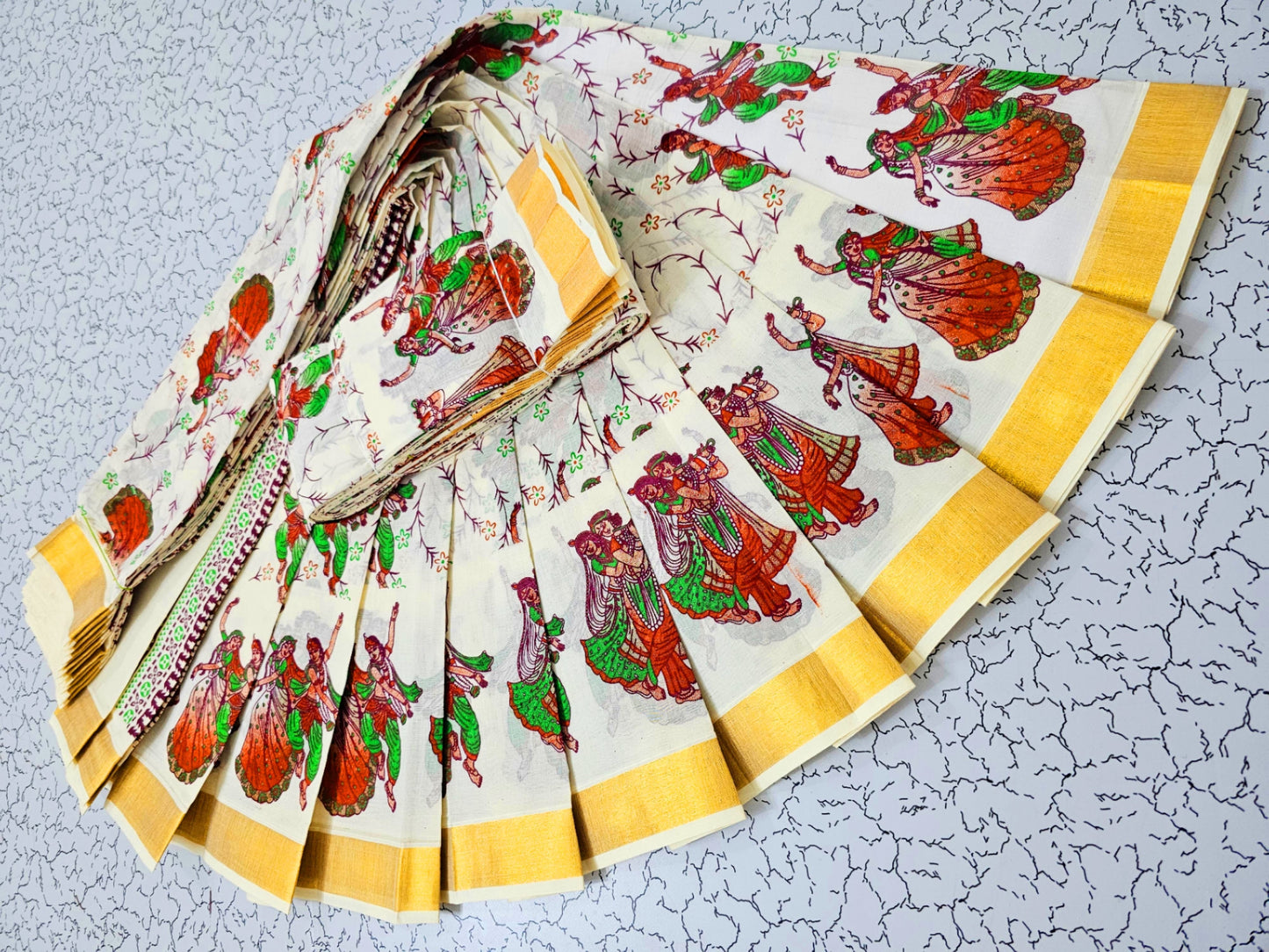 Buy Kerala Kasavu Sarees Online | Pure Cotton Sarees Buy from USA – Pure cotton saree with blouse | Radha Krishna Print