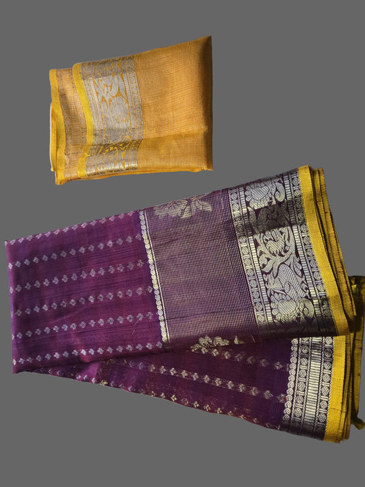 Pure Silk Handloom Saree in Maroon with Yellow Contrast Border – Traditional Silk Saree for Weddings & Festivals