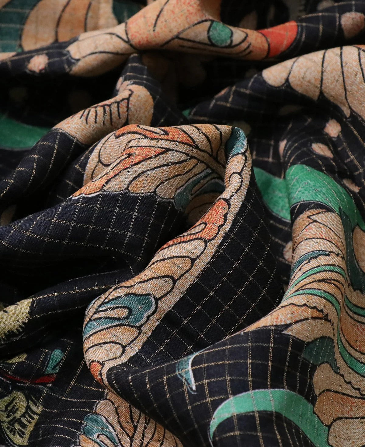 Semi Tussar Silk Saree with Allover Zari Checked Pattern, Kalamkari Prints & Zari Woven Border – Black