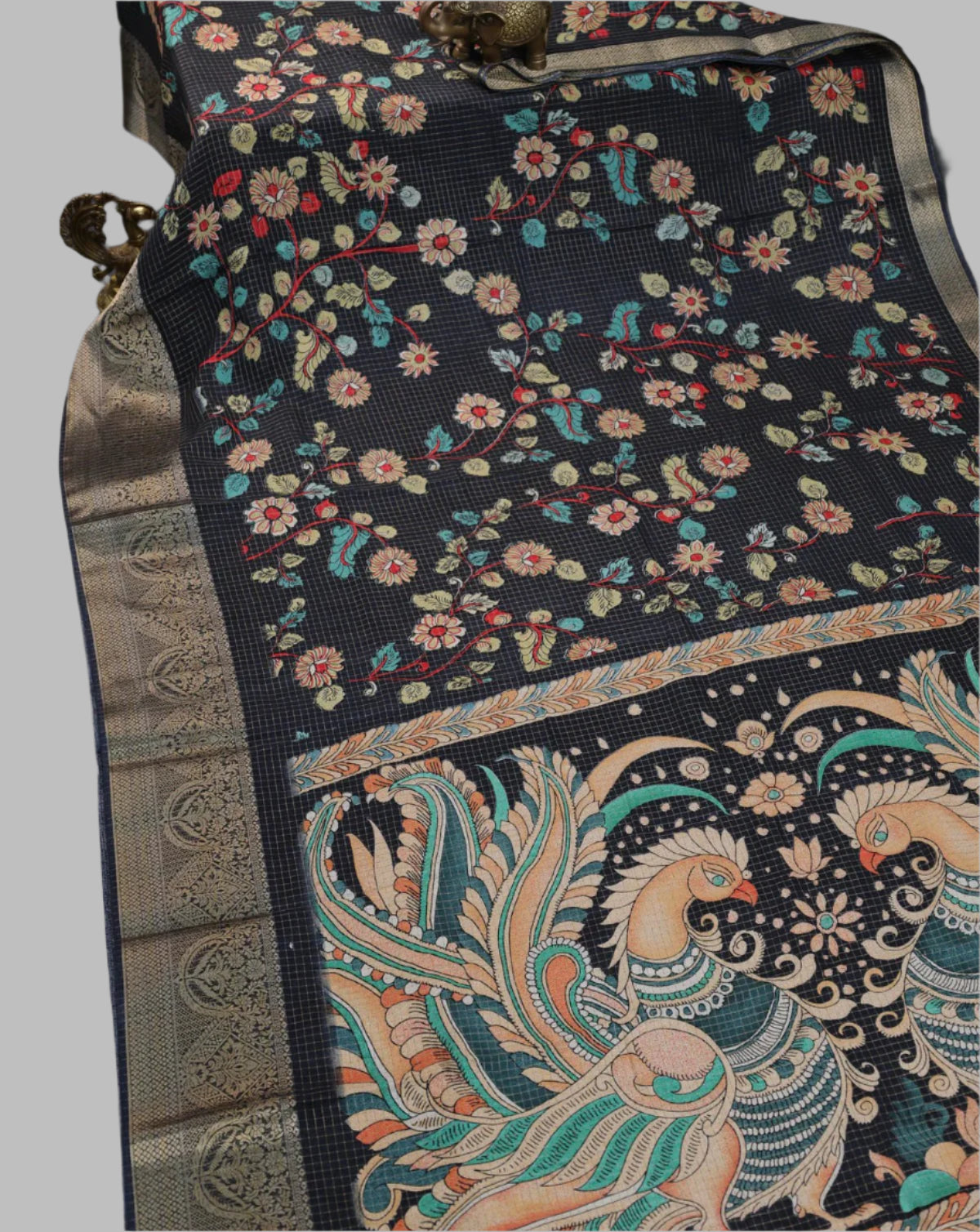 Semi Tussar Silk Saree with Allover Zari Checked Pattern, Kalamkari Prints & Zari Woven Border – Black