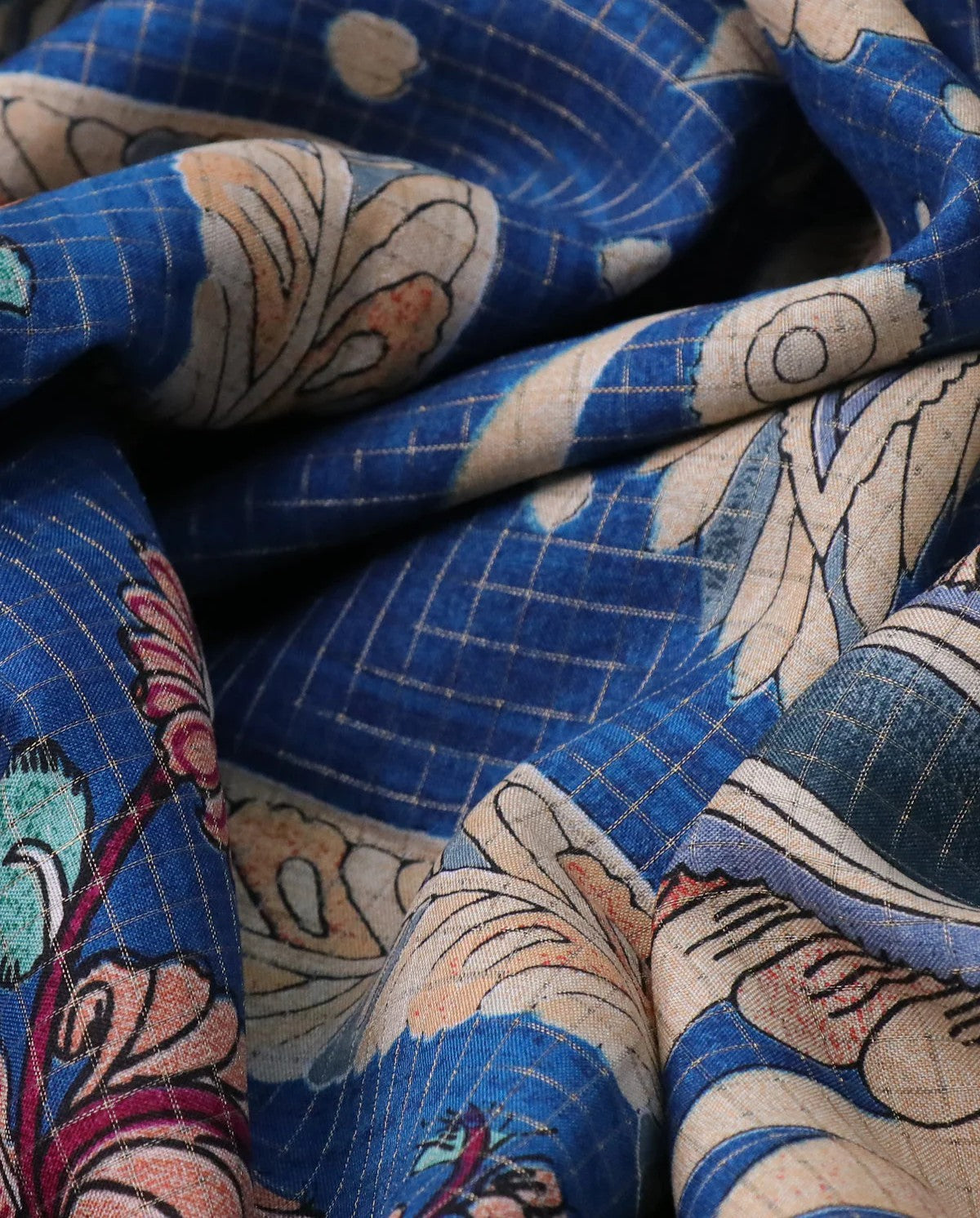 Elegant Semi Tussar Silk Saree with Zari Checks, Kalamkari Print & Woven Border – Blue Saree