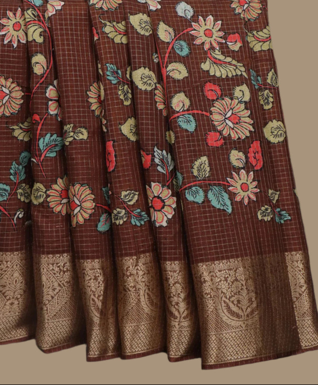 Semi Tussar Silk Saree with Zari Checked Pattern, Kalamkari Prints & Woven Zari Border – Brown