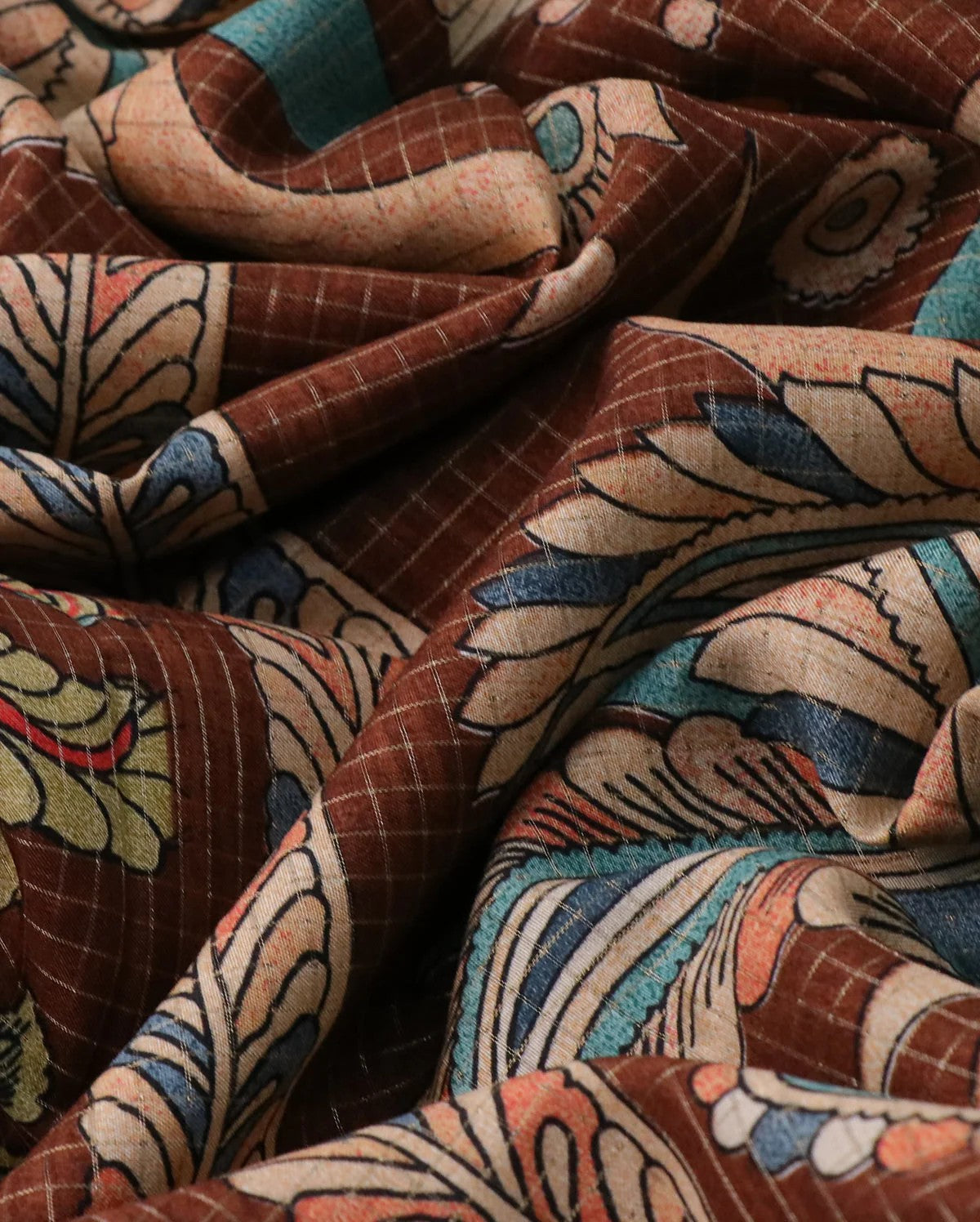 Semi Tussar Silk Saree with Zari Checked Pattern, Kalamkari Prints & Woven Zari Border – Brown