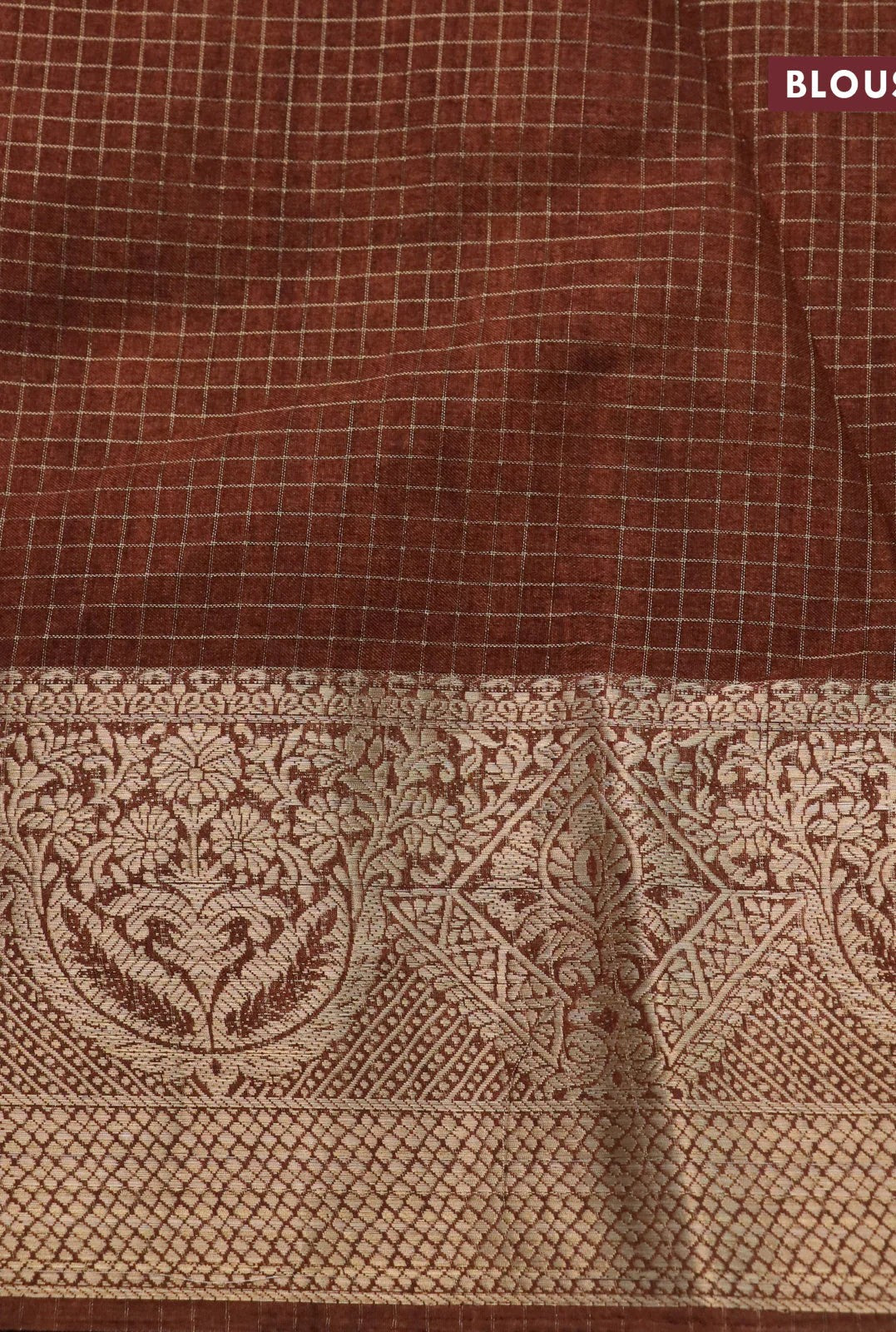 Semi Tussar Silk Saree with Zari Checked Pattern, Kalamkari Prints & Woven Zari Border – Brown