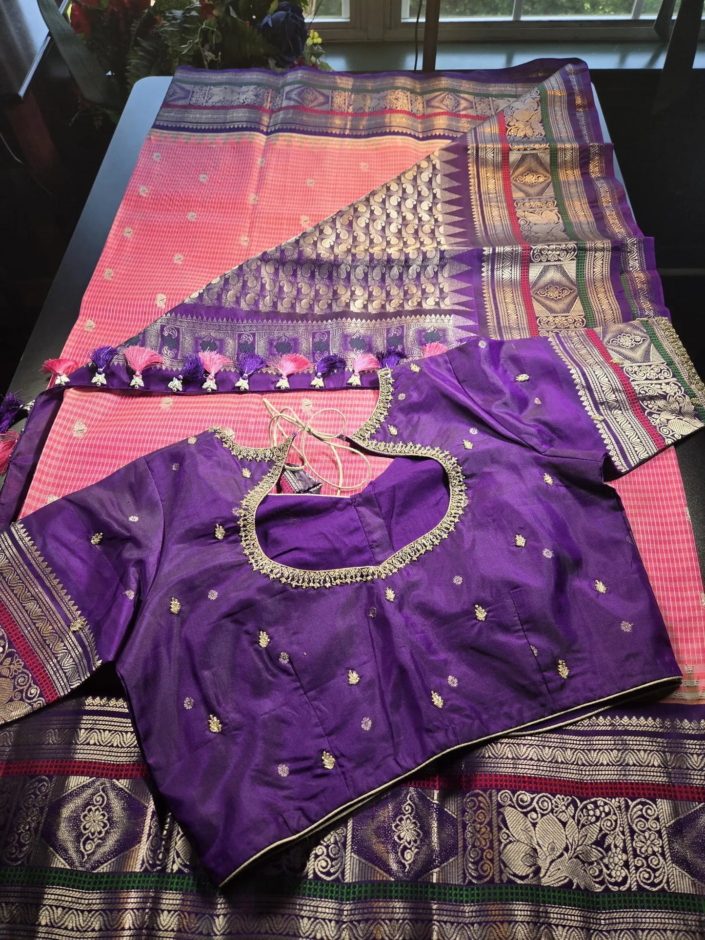Handloom Pure Gadwal Pure Silk Saree with Designer Maggam Work Ready-to-Wear Blouse | USA Shipping