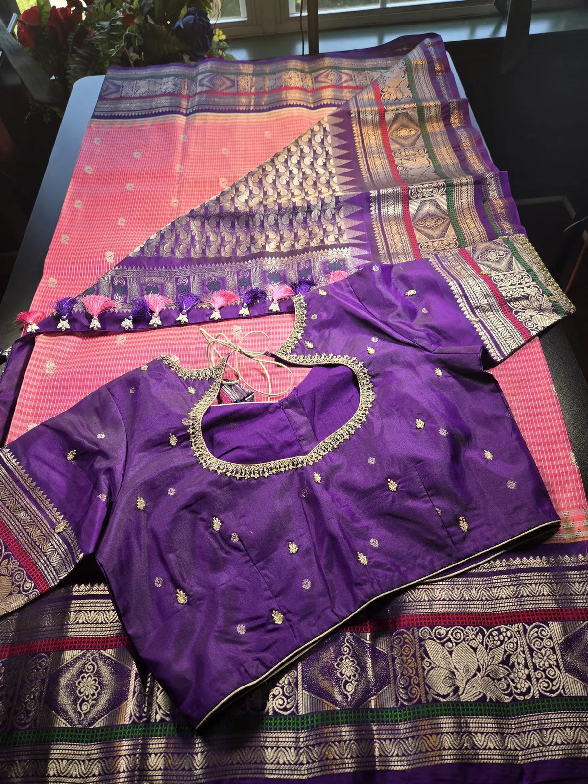 Handloom Pure Gadwal Pure Silk Saree with Designer Maggam Work Ready-to-Wear Blouse | USA Shipping