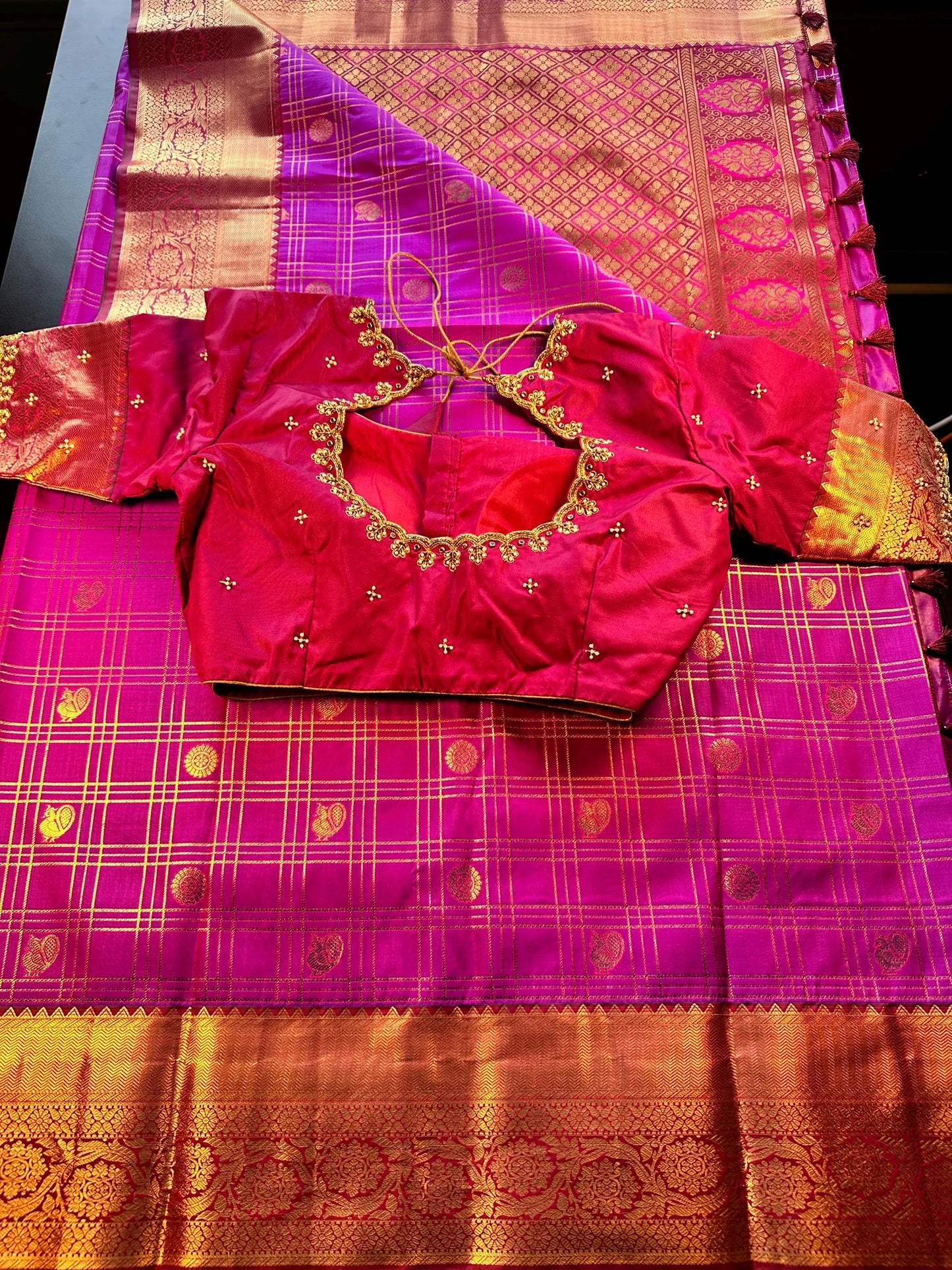 Kanjivaram Premium Silk Saree with Maggam Work Blouse, Purple Color Ready-to-wear, Shipping from US, Partywear, Wedding Saree.
