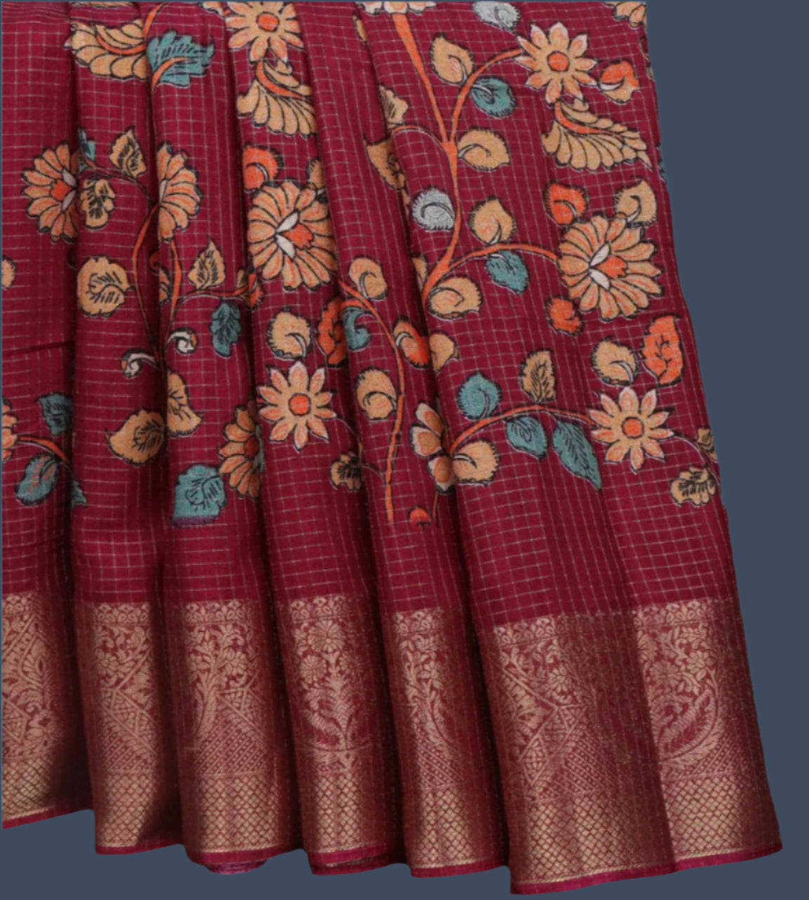 Semi Tussar Silk Saree with Zari Checked Pattern, Kalamkari Prints & Woven Zari Border –dark magenta