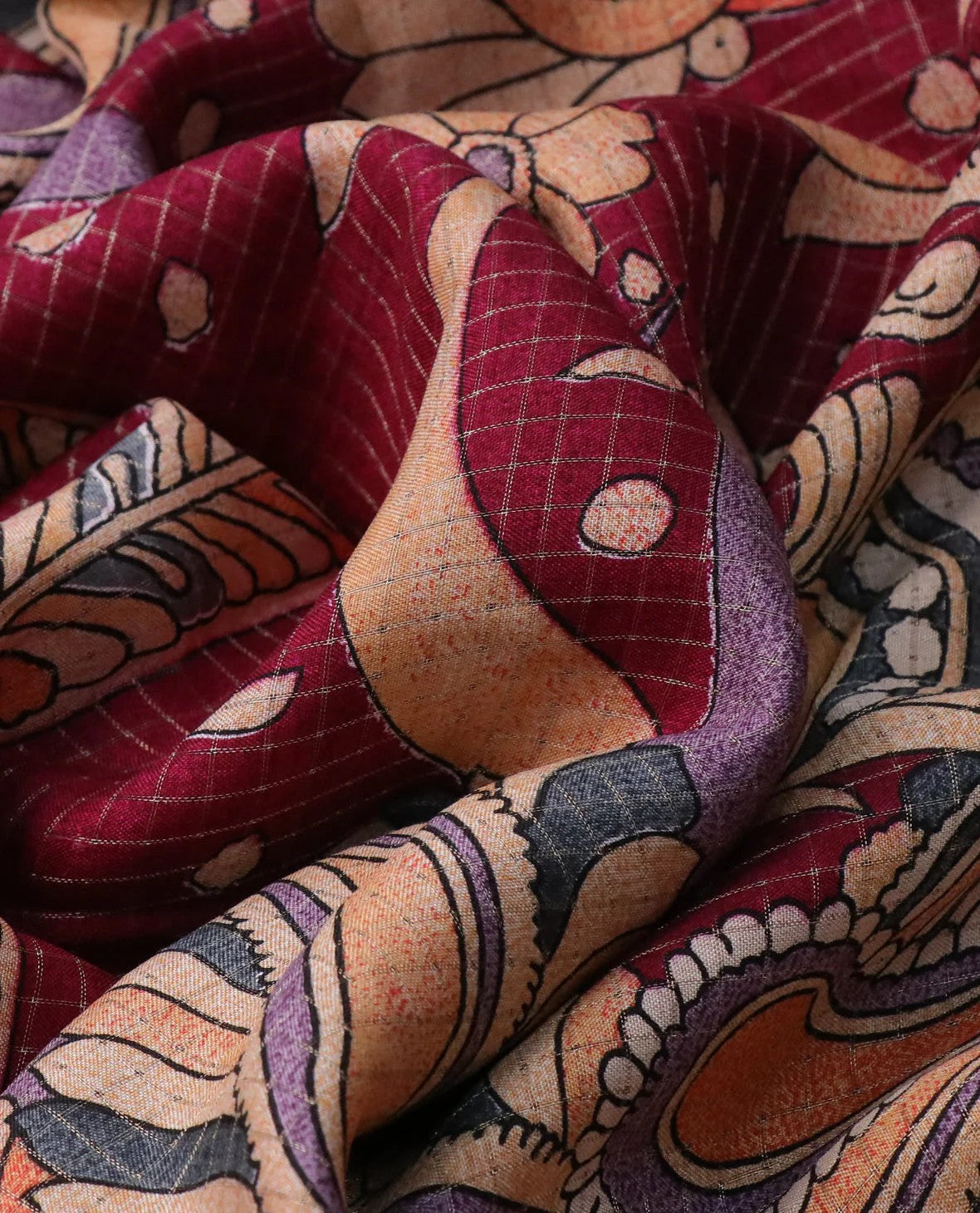 Semi Tussar Silk Saree with Zari Checked Pattern, Kalamkari Prints & Woven Zari Border –dark magenta