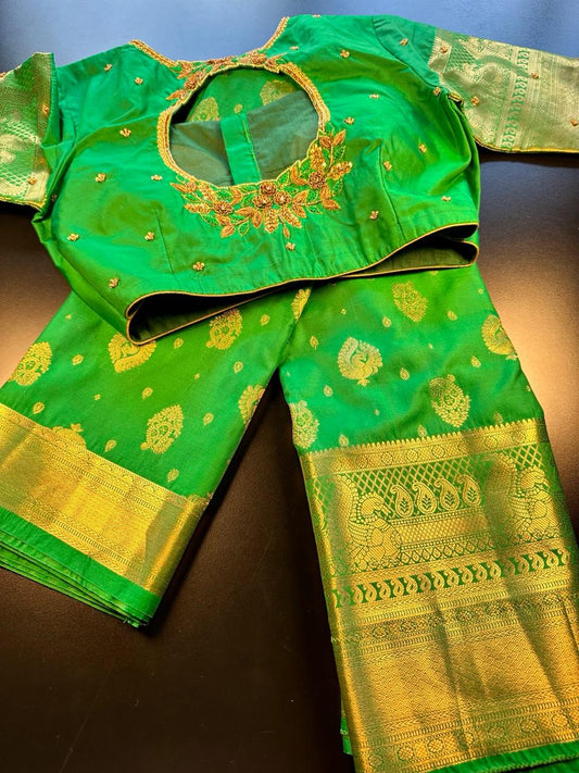Premium Kanjivaram Saree Wedding Saree with Maggam Work Blouse Green and Gold Ready-to-wear Shipping from USA