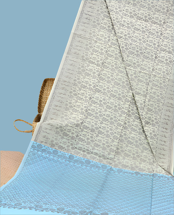 Beige Semi-Silk Cotton Saree with Warli Motifs Border & Contrast Pallu | Ethnic Designer Saree | Beige Blue