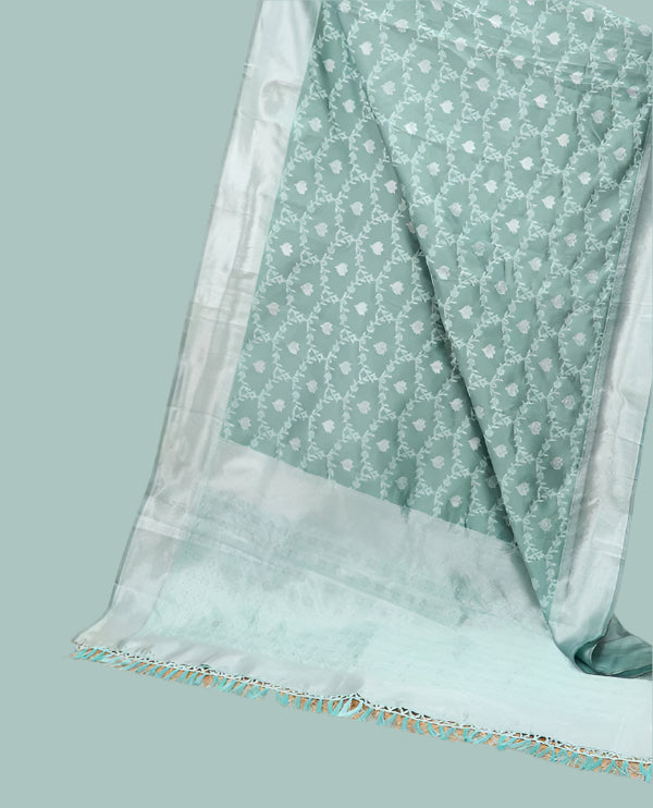 Soft Silk Saree with Silver Zari Border & Rich Pallu | Butta Design Blouse| Light green jaal design